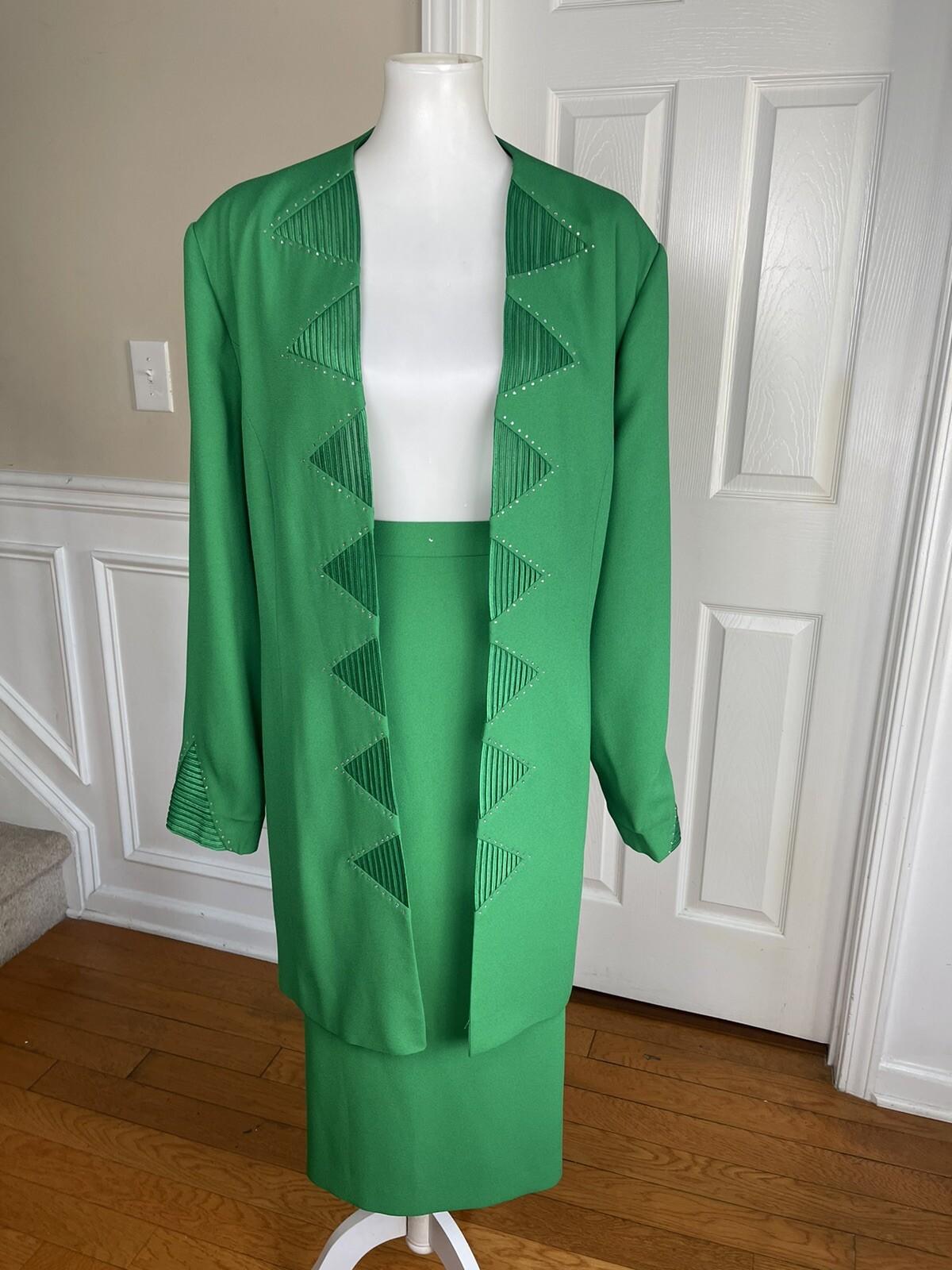 BEN MARC INTERNNATIONAL 2PC Green Beaded Polyester Open Front Skirt Suit Size 22