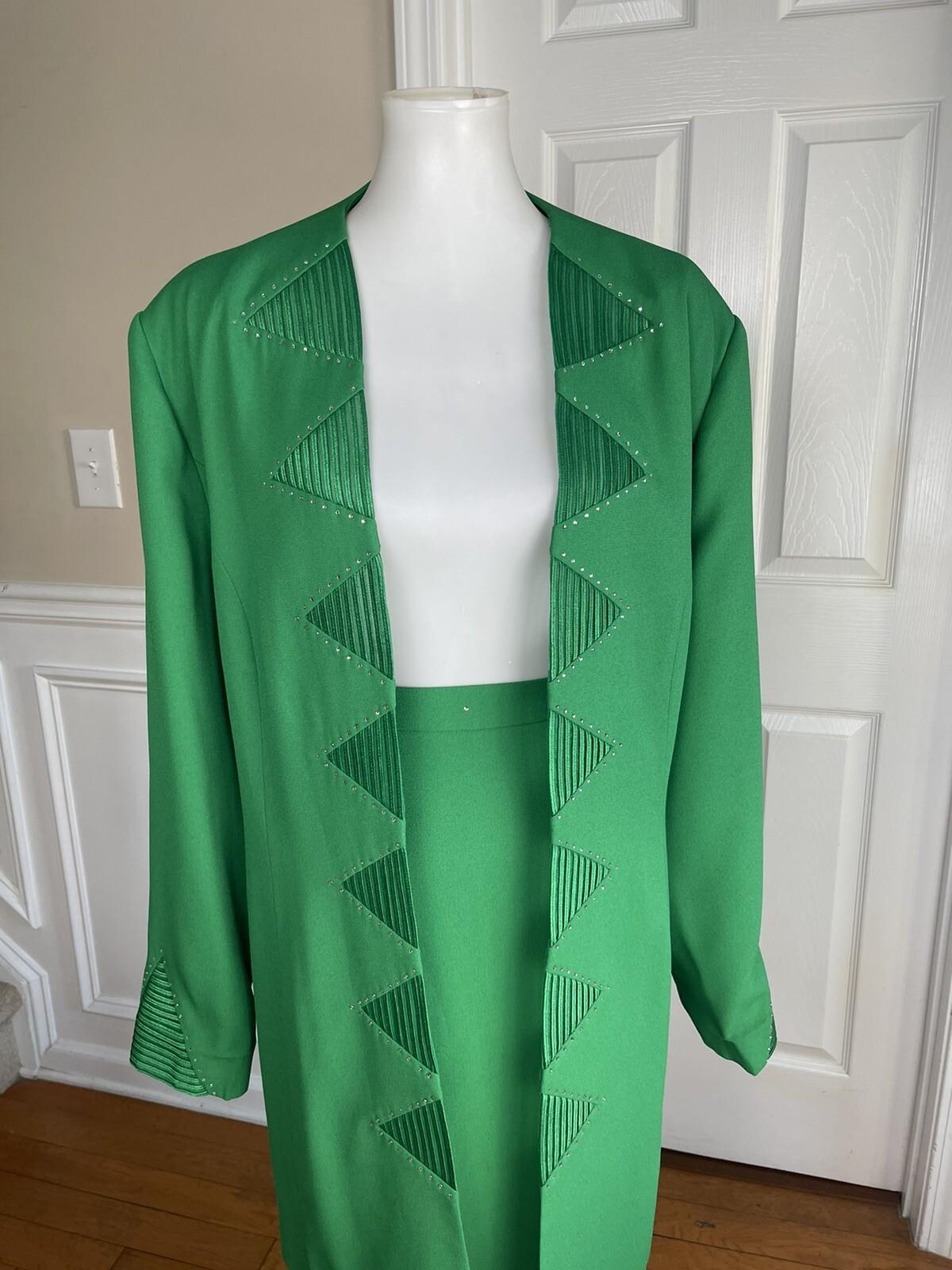 BEN MARC INTERNNATIONAL 2PC Green Beaded Polyester Open Front Skirt Suit Size 22