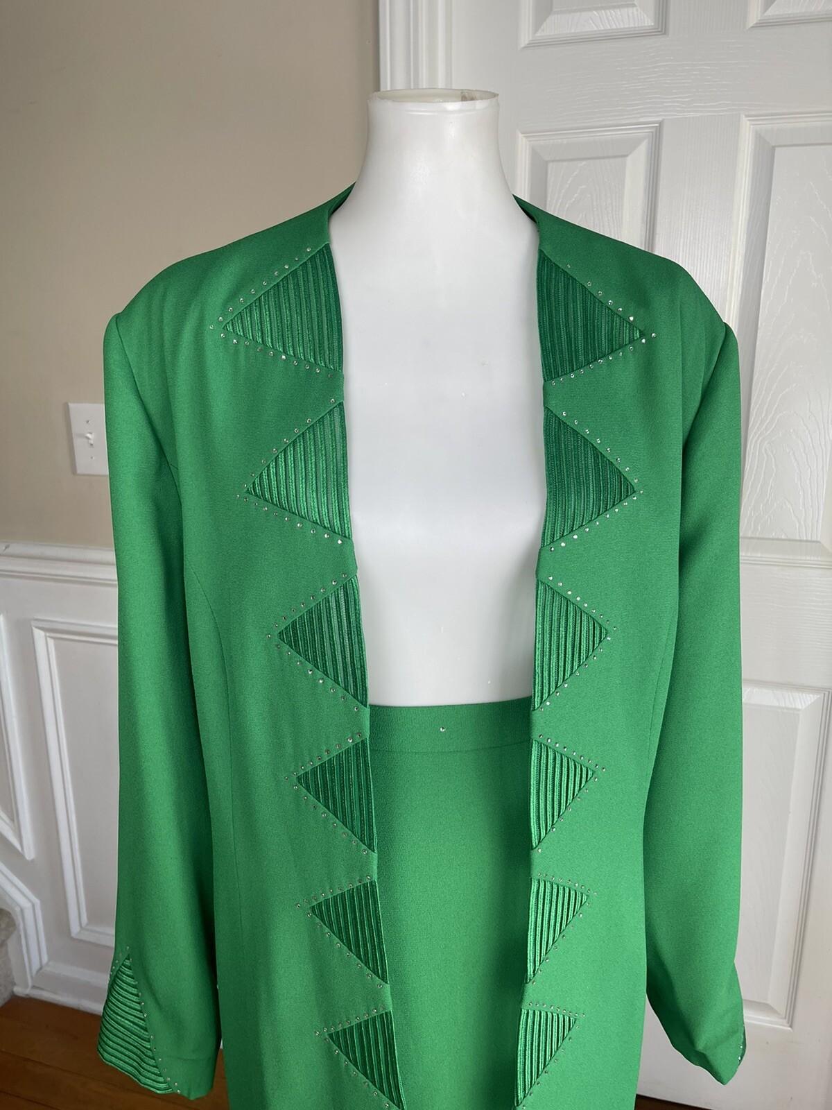 BEN MARC INTERNNATIONAL 2PC Green Beaded Polyester Open Front Skirt Suit Size 22