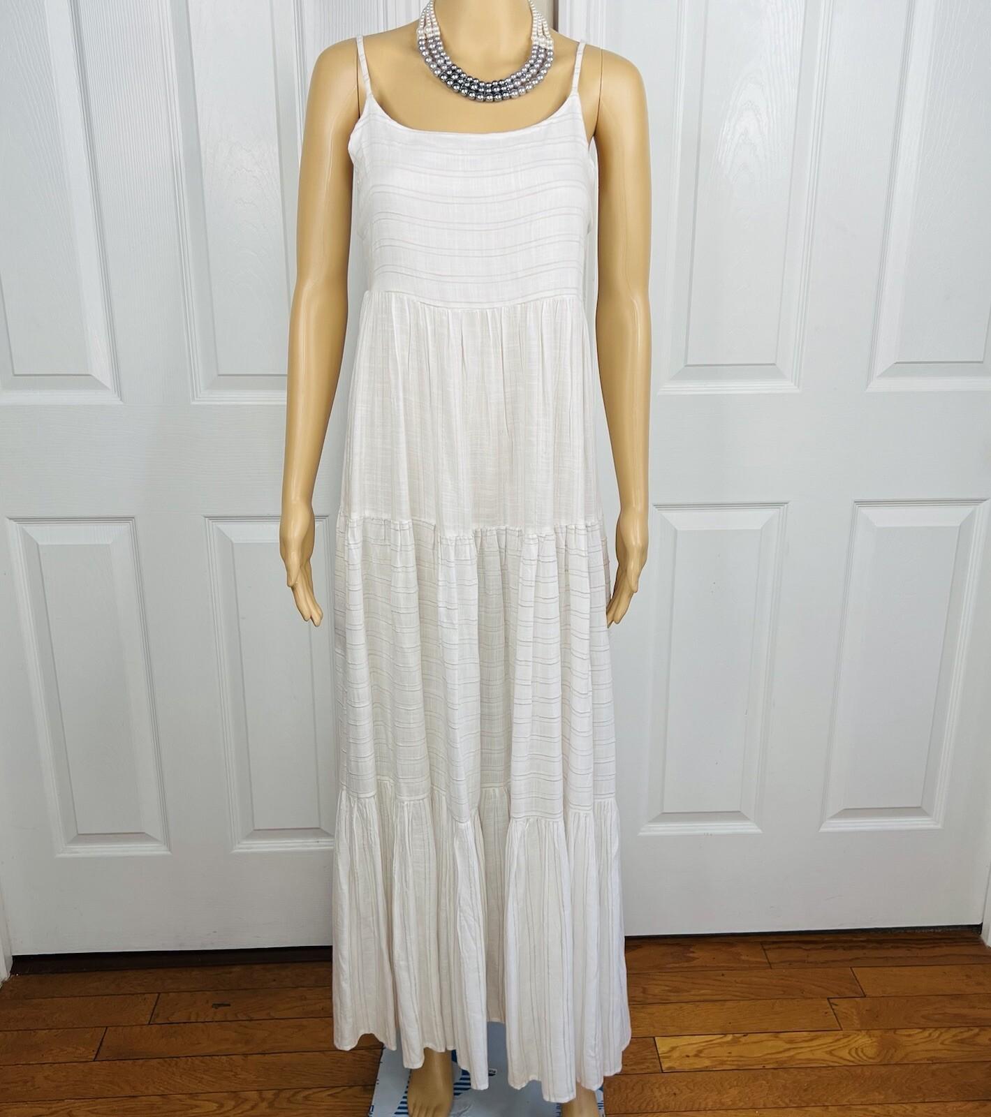 L Space Santorini Cotton Dress Size L White Striped Self Tie Back Frill Crinkle