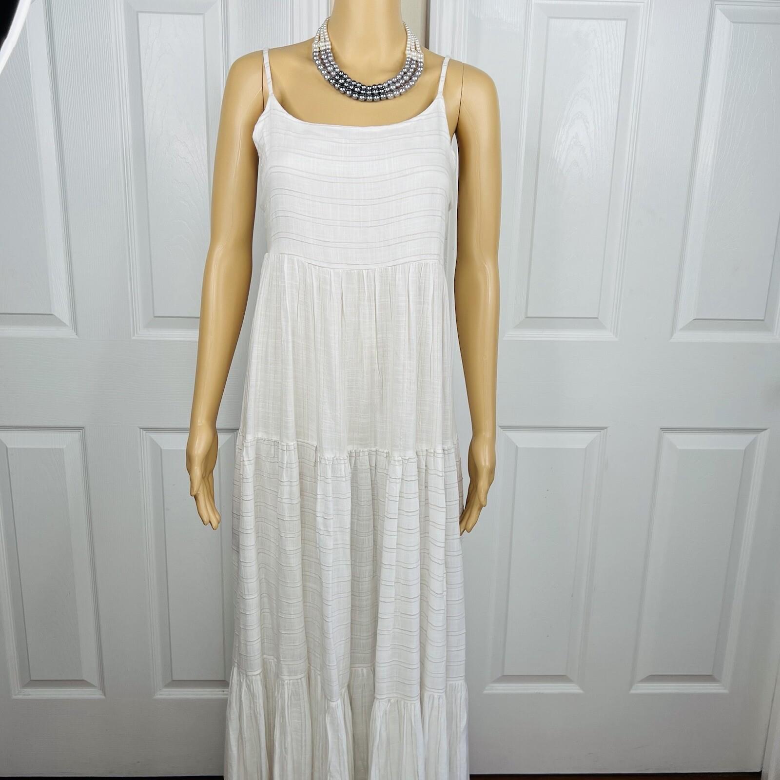 L Space Santorini Cotton Dress Size L White Striped Self Tie Back Frill Crinkle