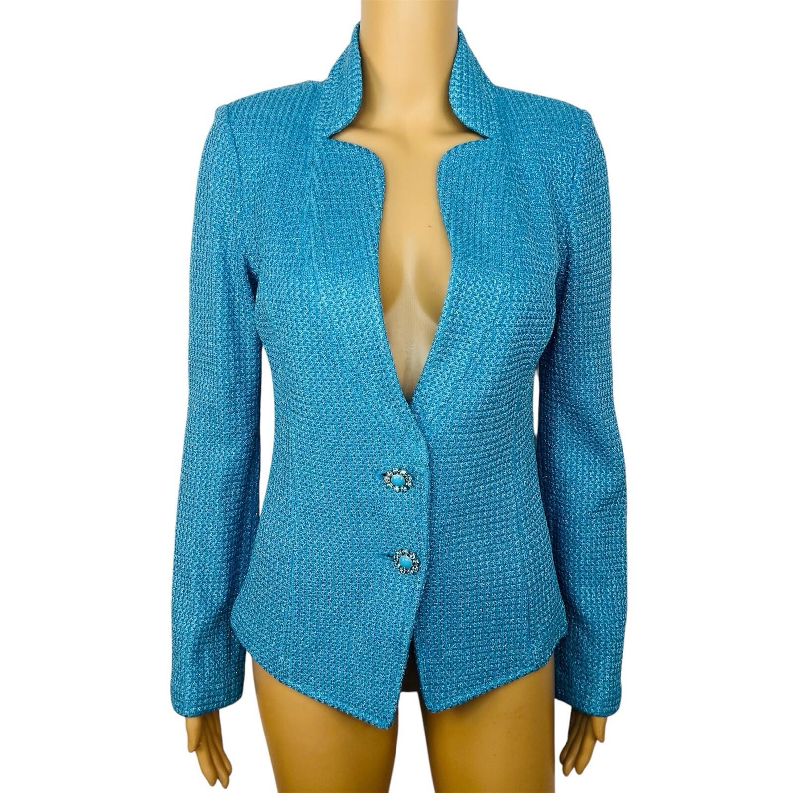 0 St John Santana Knit Metallic Blazer Size 4 Turquoise Shimmer Quiet Luxury