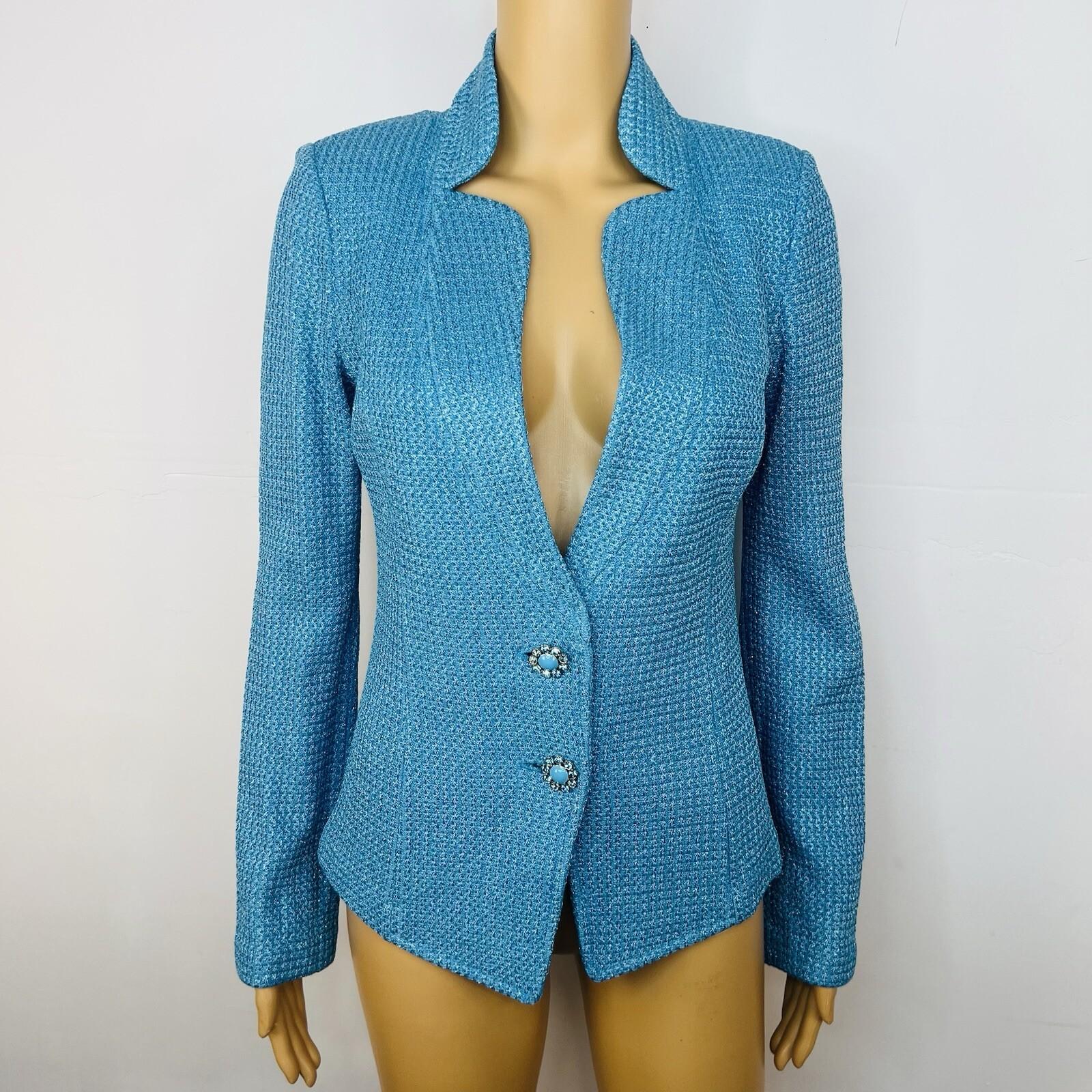 0 St John Santana Knit Metallic Blazer Size 4 Turquoise Shimmer Quiet Luxury