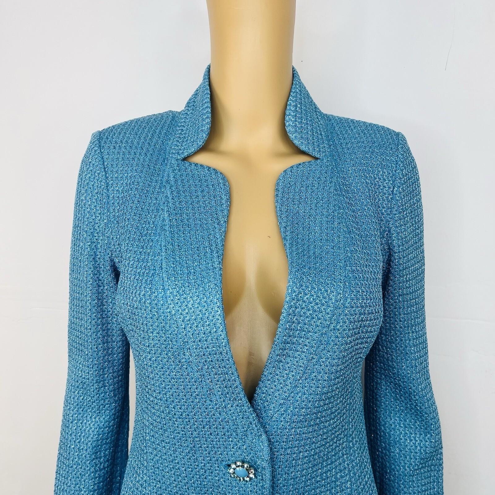 0 St John Santana Knit Metallic Blazer Size 4 Turquoise Shimmer Quiet Luxury