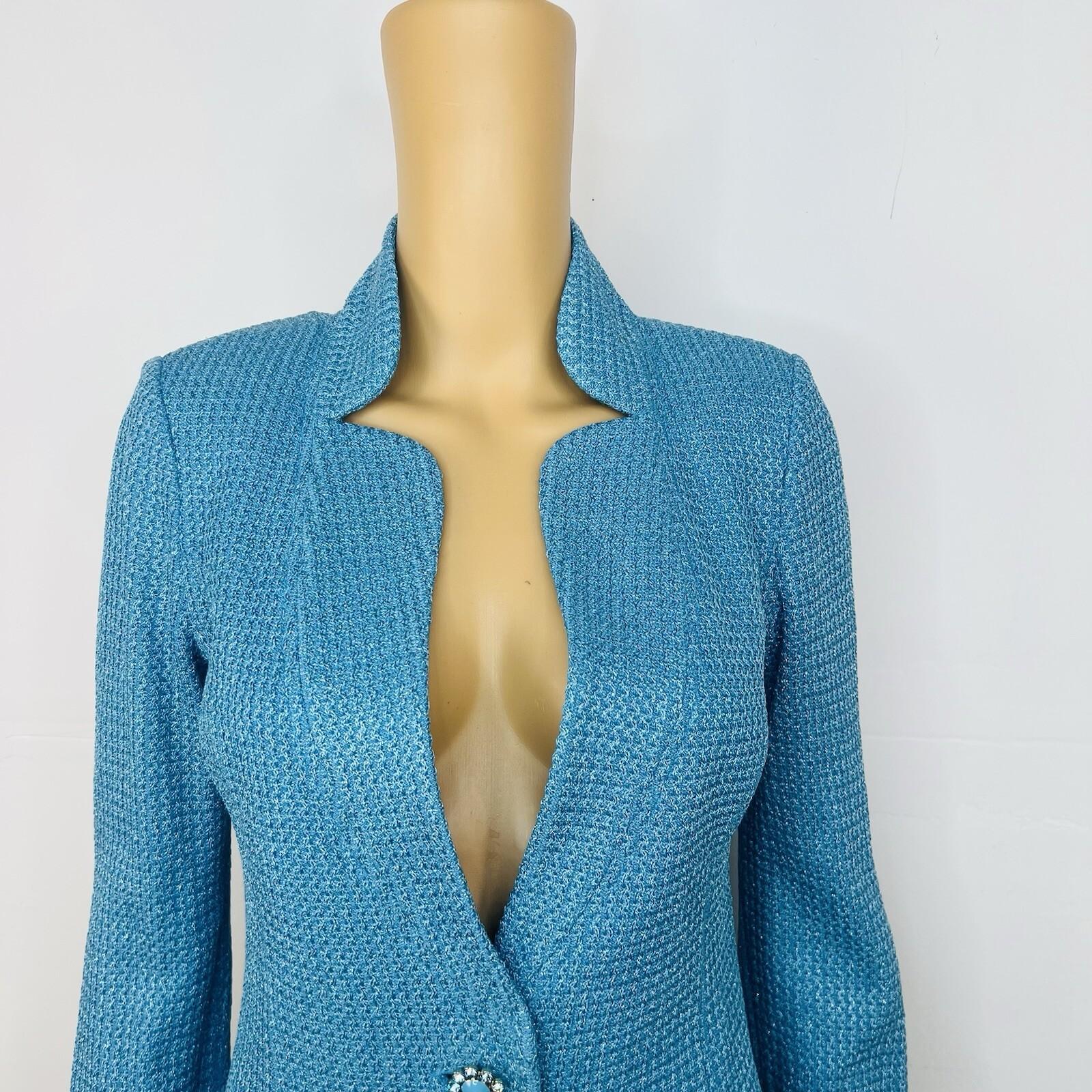 0 St John Santana Knit Metallic Blazer Size 4 Turquoise Shimmer Quiet Luxury