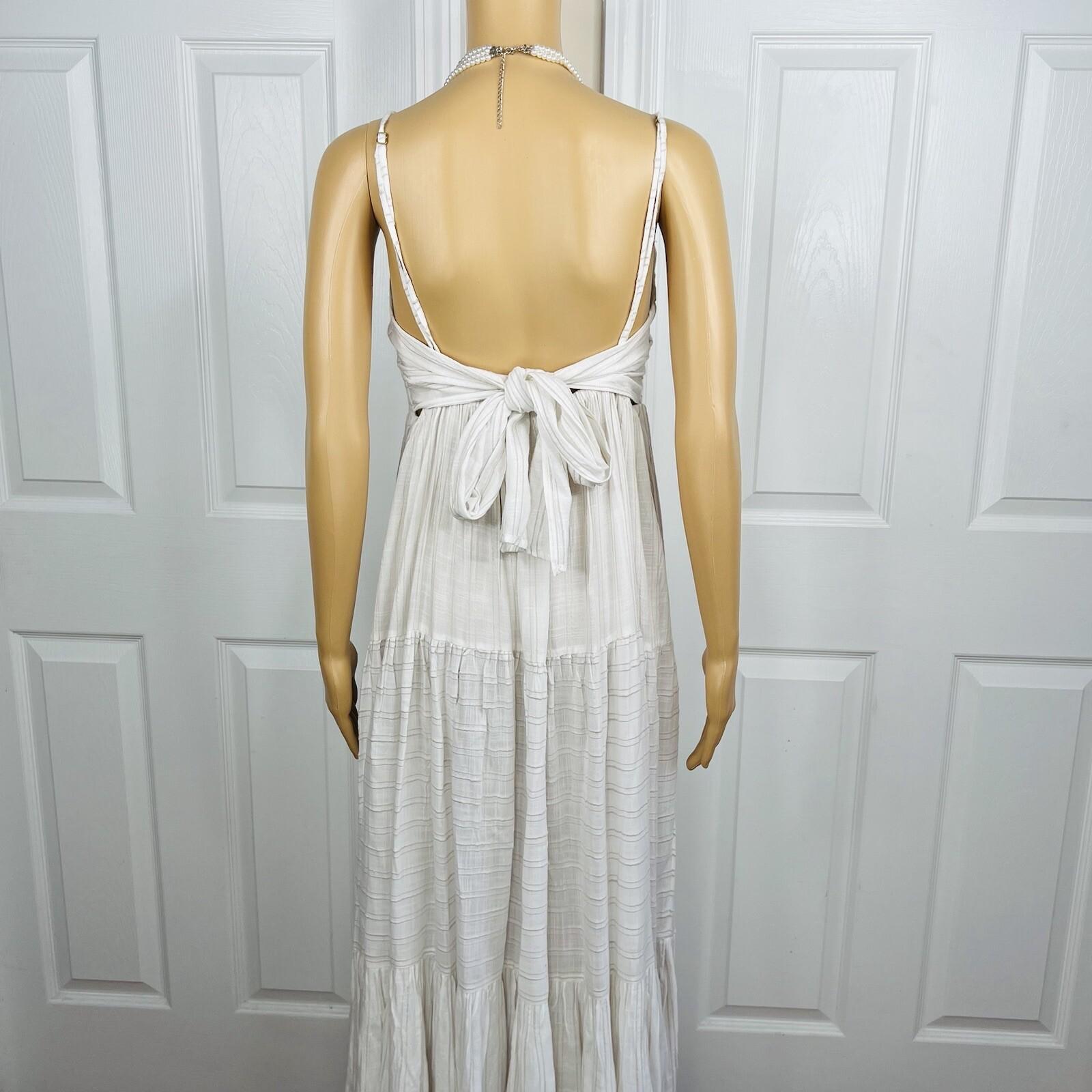 L Space Santorini Cotton Dress Size L White Striped Self Tie Back Frill Crinkle