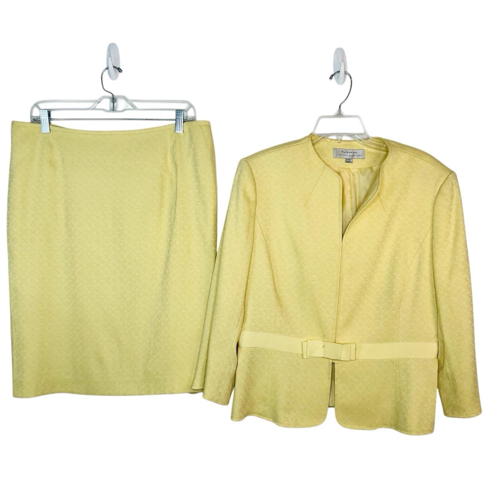 Tahari ASL Polyester Rayon Stretch Skirt Suit 14 Yellow Twill V Neck Cocktail