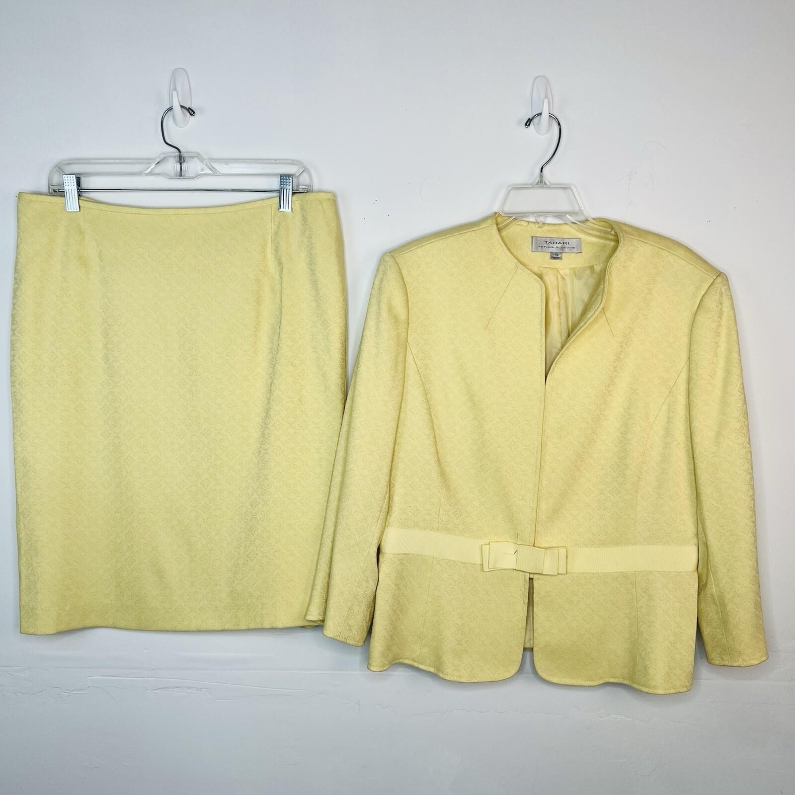 Tahari ASL Polyester Rayon Stretch Skirt Suit 14 Yellow Twill V Neck Cocktail