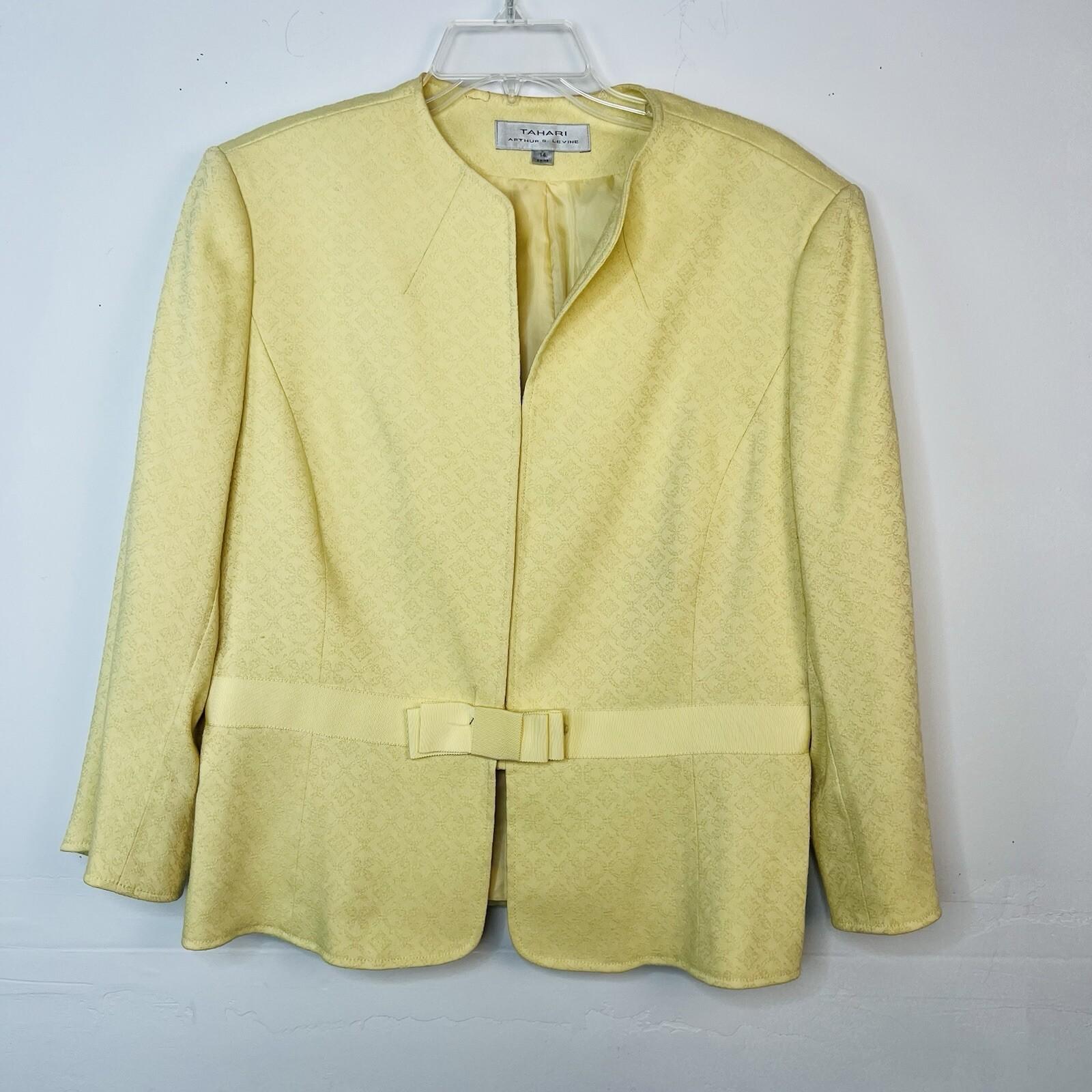 Tahari ASL Polyester Rayon Stretch Skirt Suit 14 Yellow Twill V Neck Cocktail