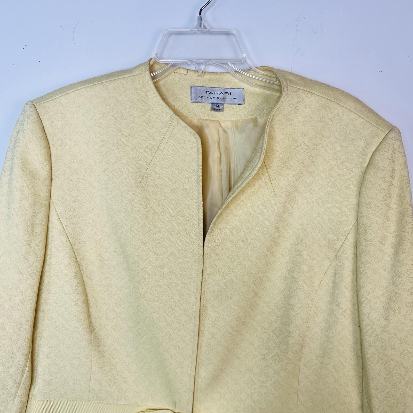 Tahari ASL Polyester Rayon Stretch Skirt Suit 14 Yellow Twill V Neck Cocktail