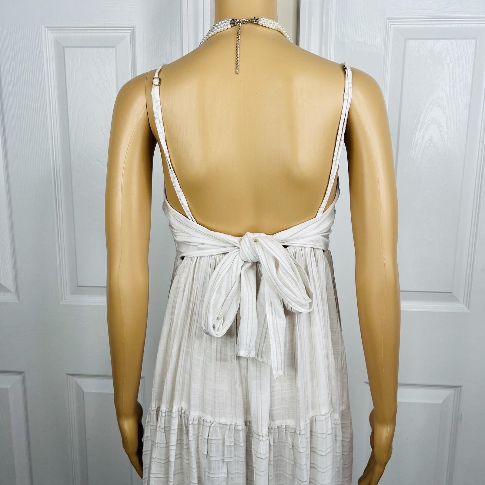 L Space Santorini Cotton Dress Size L White Striped Self Tie Back Frill Crinkle