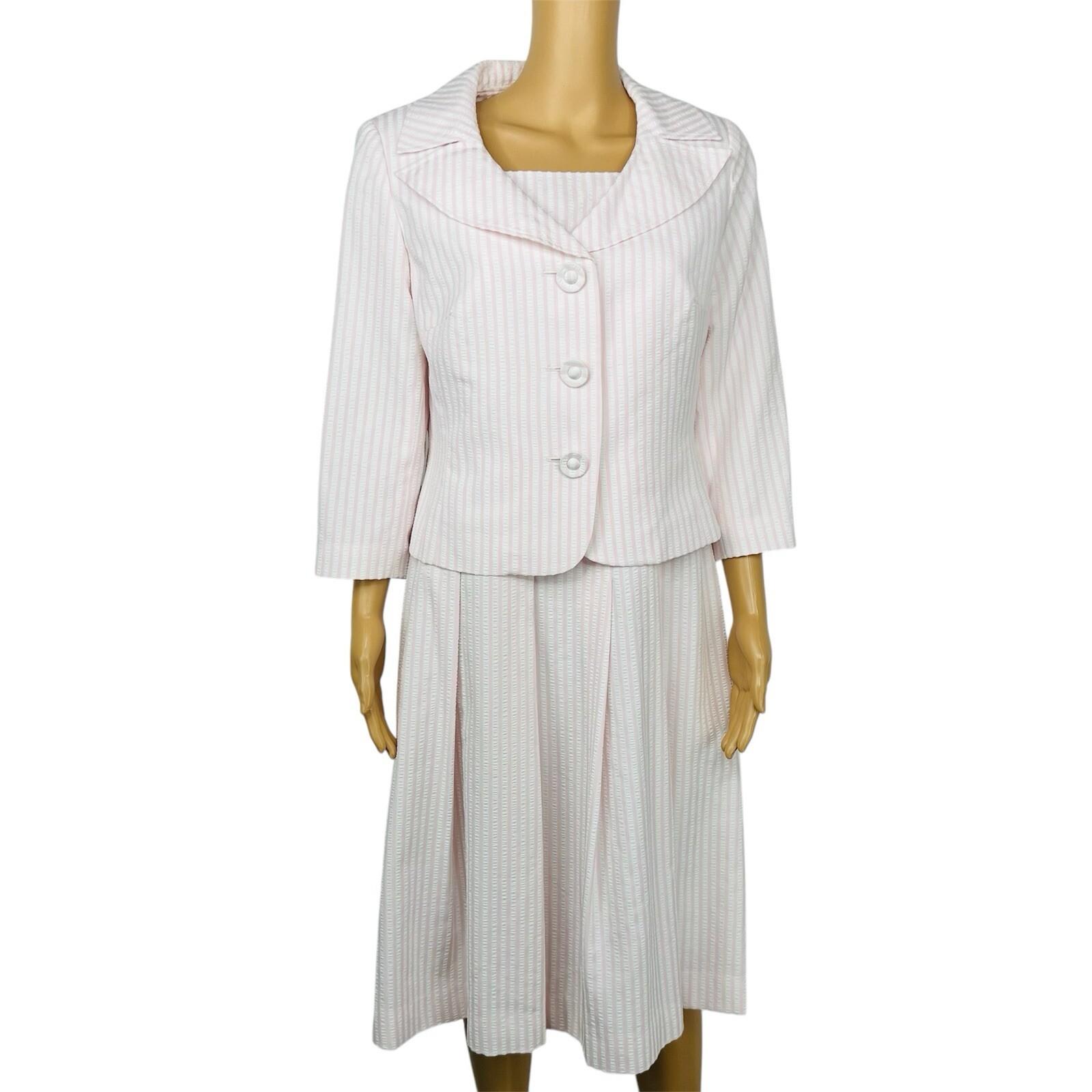 10-4417.jpg Talbots Dress Suit Size 8 White Rose Seersucker Lined Pleated Flare Cocktail