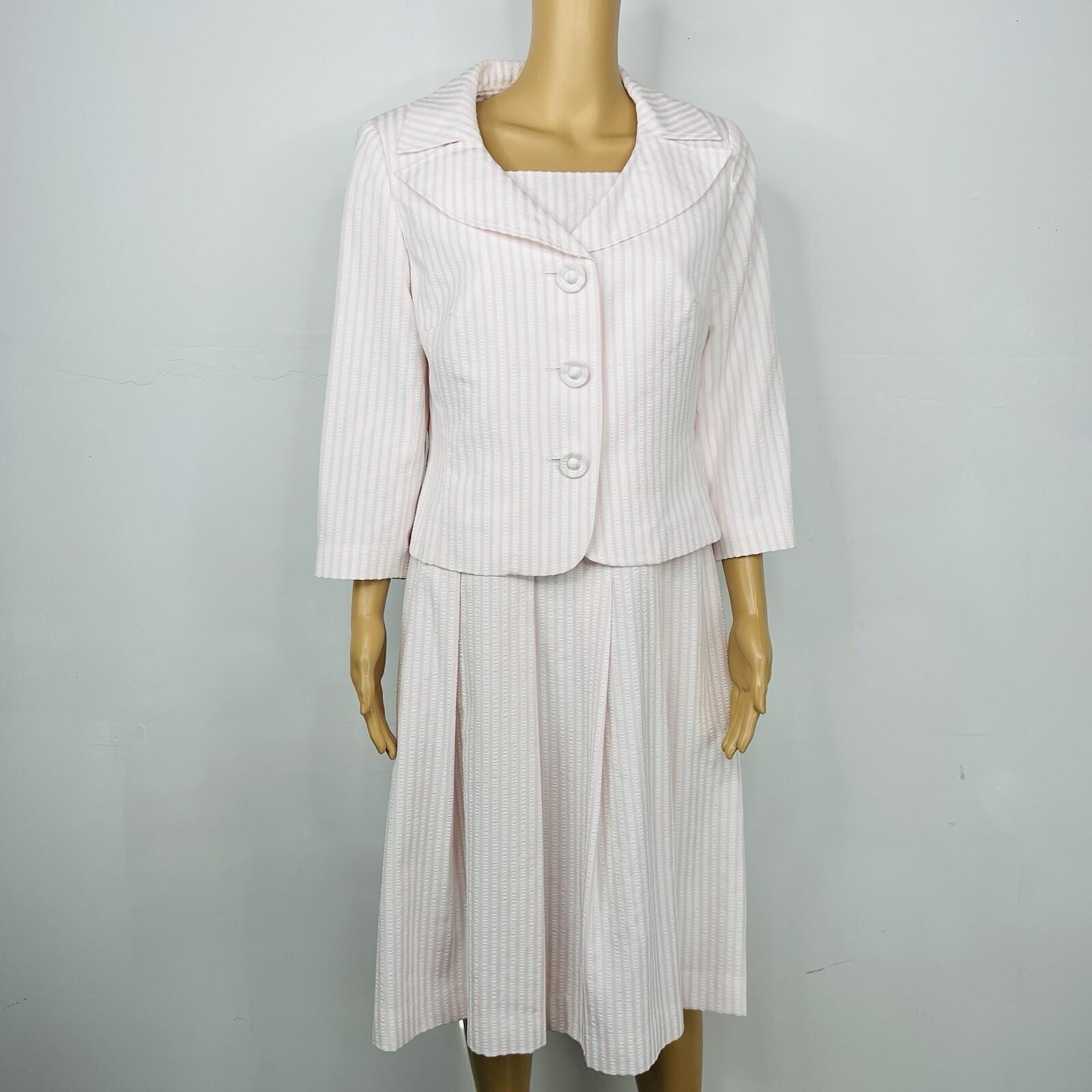 10-4418.jpg Talbots Dress Suit Size 8 White Rose Seersucker Lined Pleated Flare Cocktail