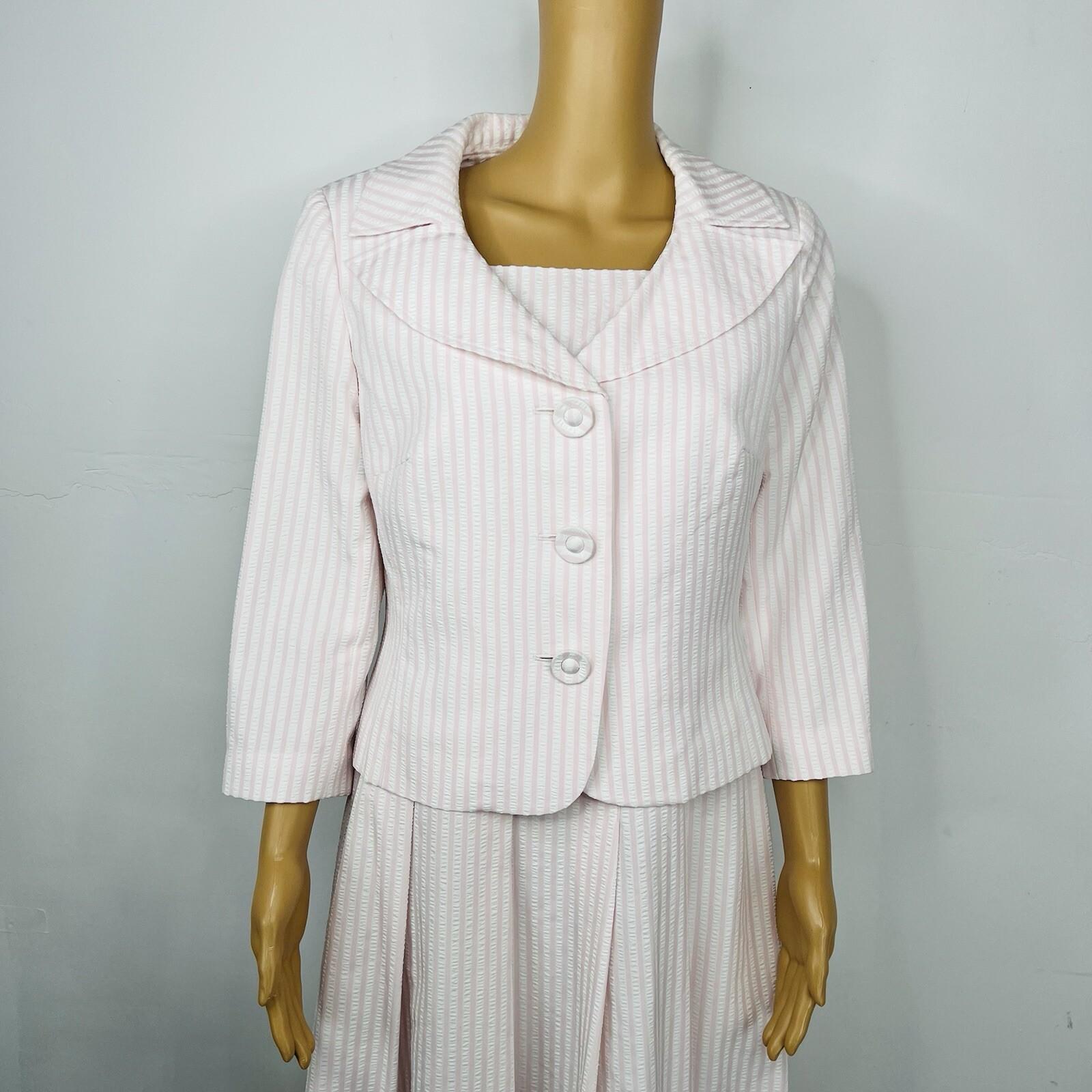 10-4419.jpg Talbots Dress Suit Size 8 White Rose Seersucker Lined Pleated Flare Cocktail