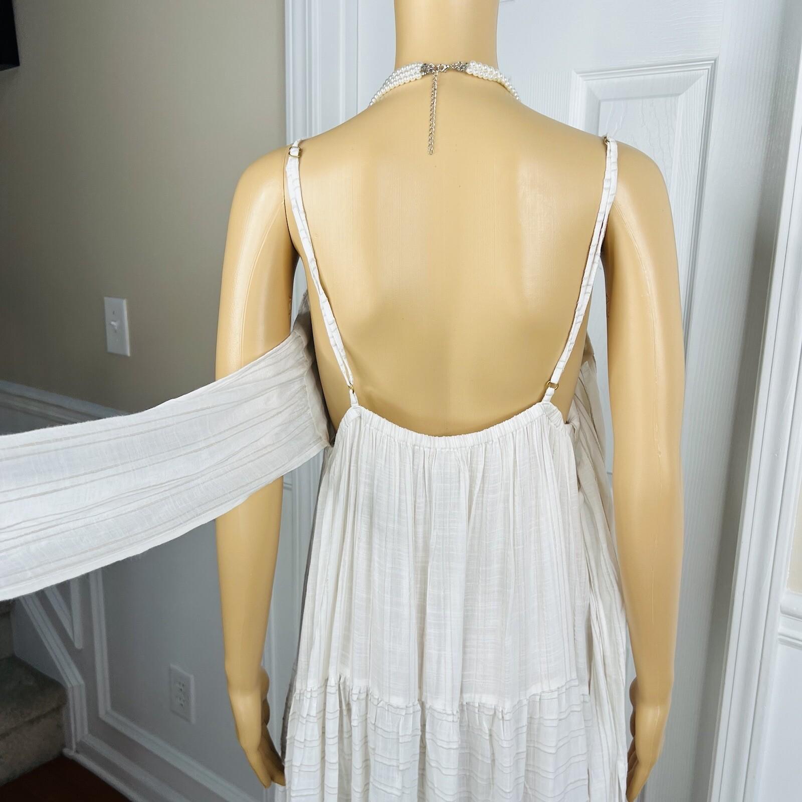 L Space Santorini Cotton Dress Size L White Striped Self Tie Back Frill Crinkle