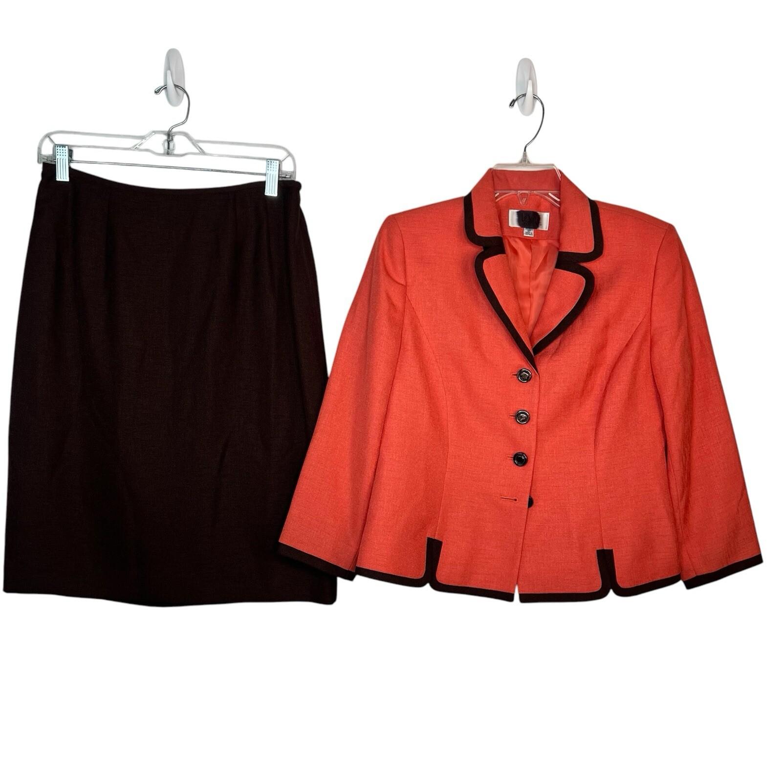 Le Suit Polyester Skirt Suit Size 8P Orange Brown Lined Business 3/4 Sleeve 2PC