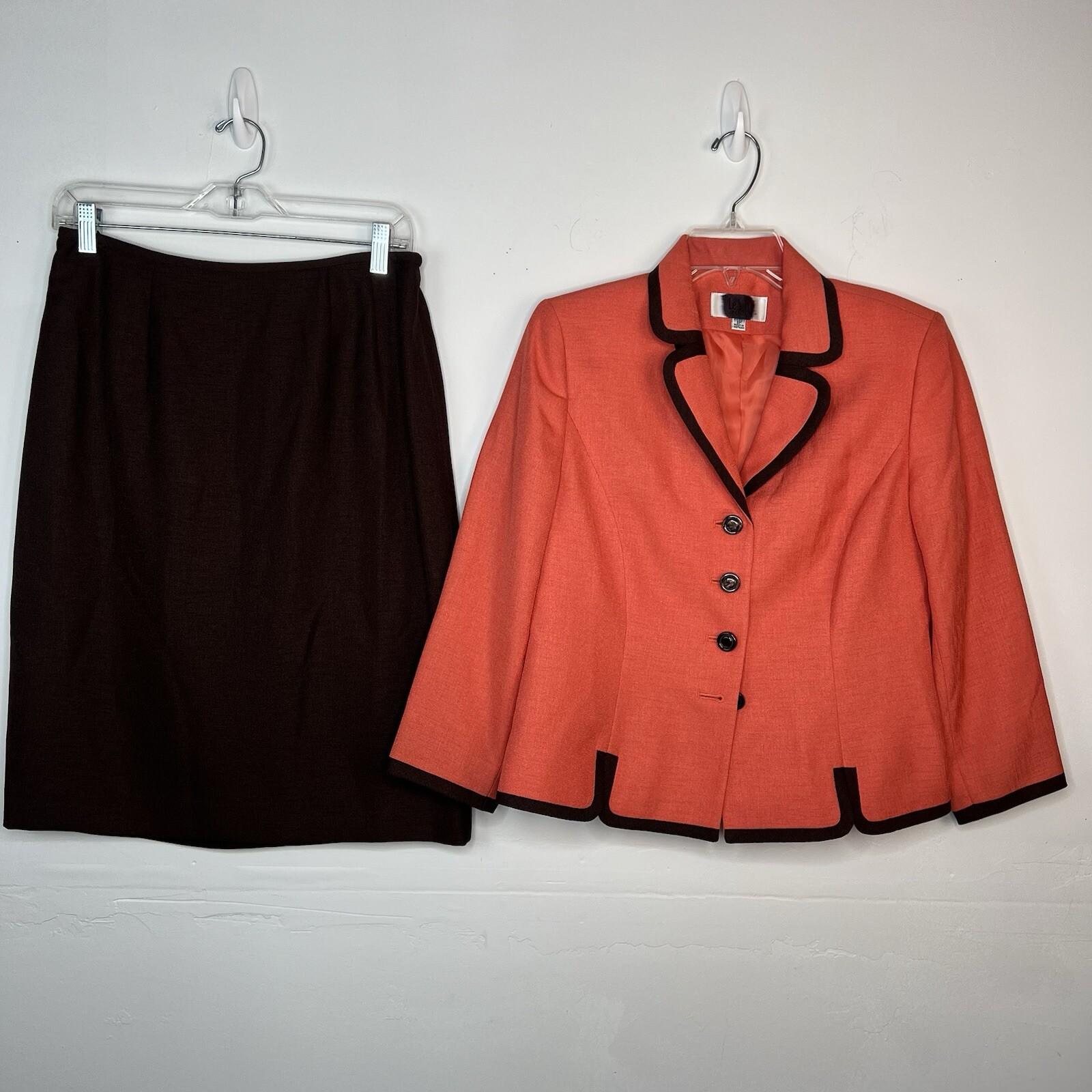 Le Suit Polyester Skirt Suit Size 8P Orange Brown Lined Business 3/4 Sleeve 2PC