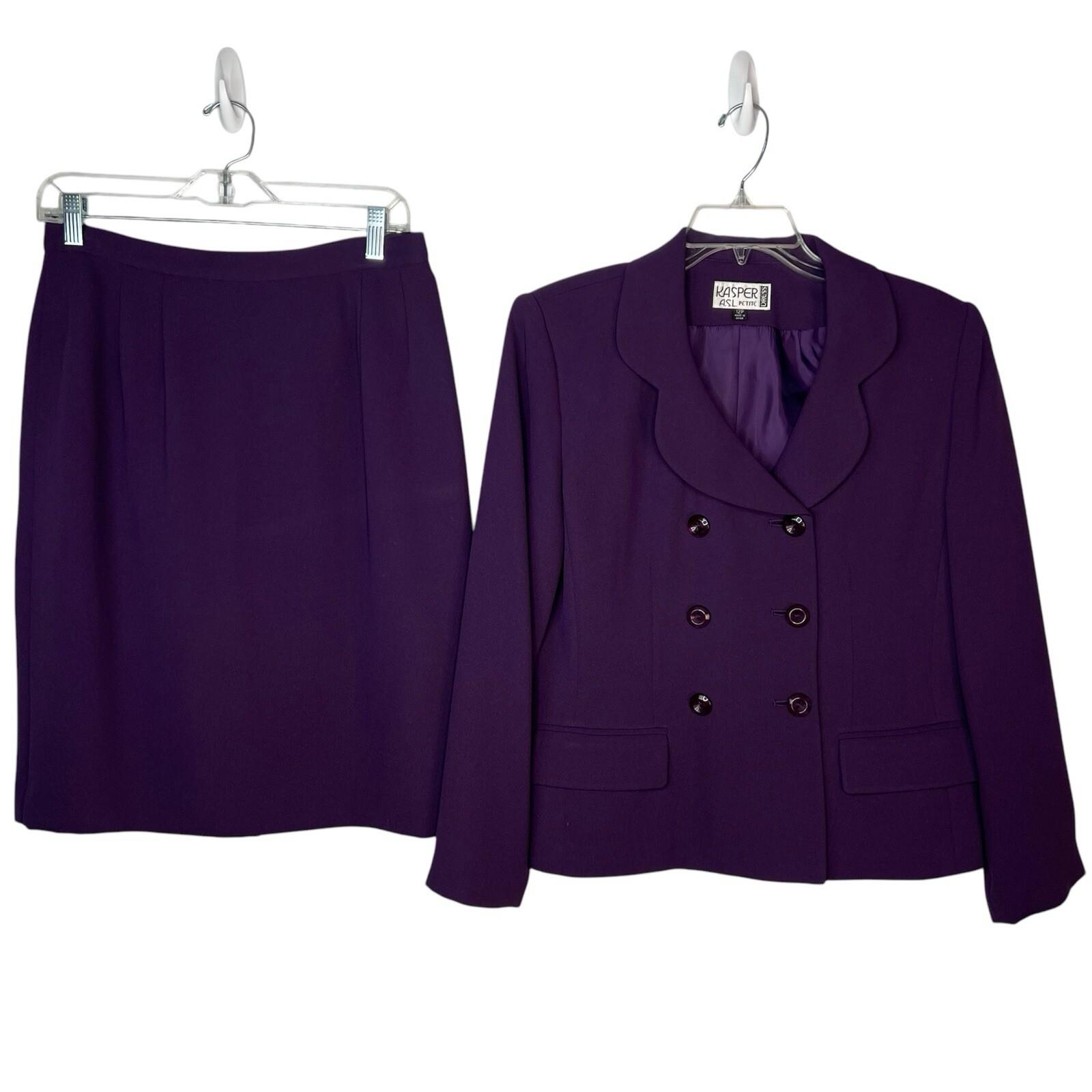 Kasper Women Polyester Skirt Suit Size 12P Purple Double Breasted Lined Cocktail