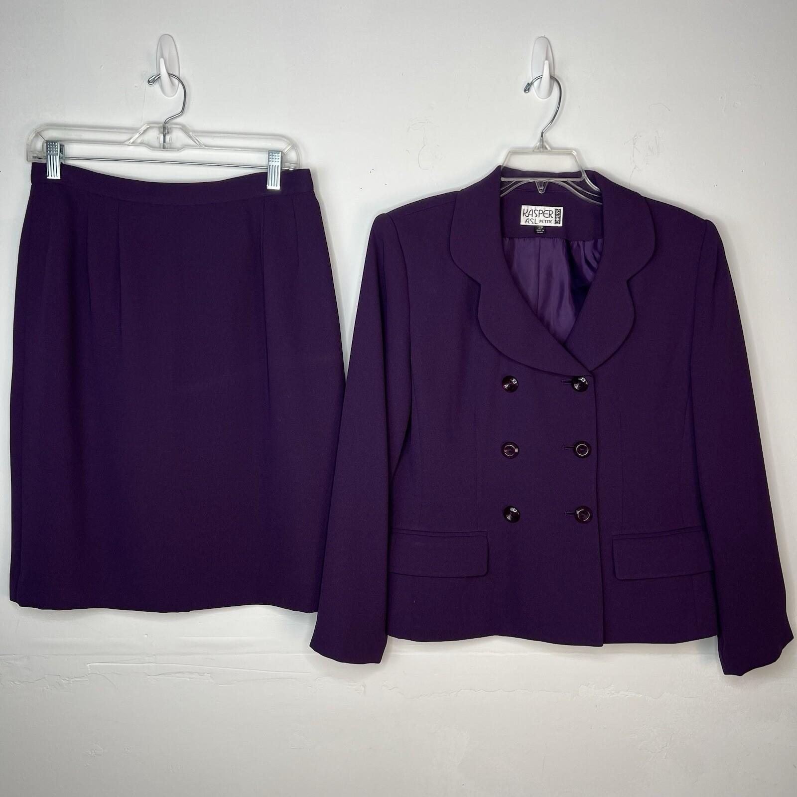 Kasper Women Polyester Skirt Suit Size 12P Purple Double Breasted Lined Cocktail