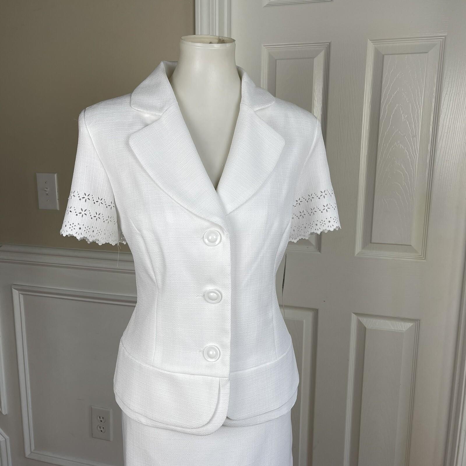 New DANILLO Women 2PC White Polyester Lined Short Sleeves Skirt Suit Size 8