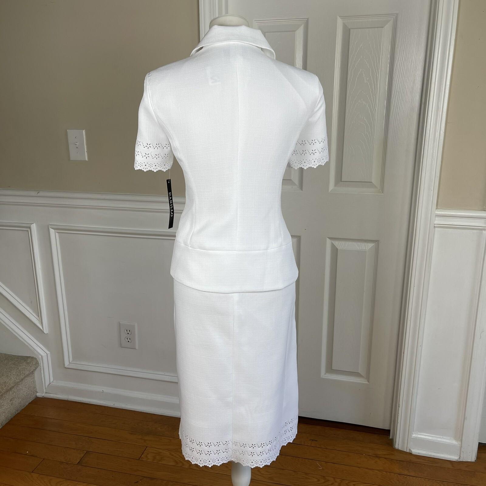 New DANILLO Women 2PC White Polyester Lined Short Sleeves Skirt Suit Size 8