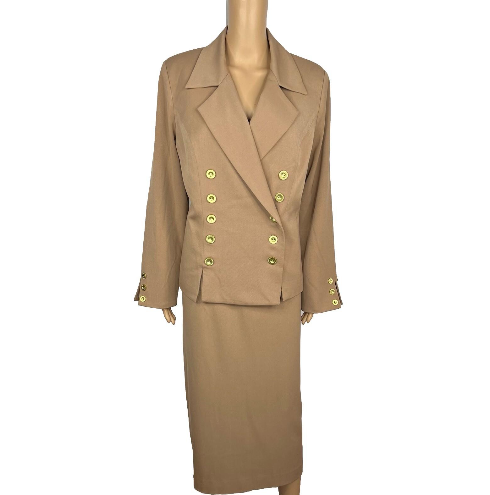 MONROE And MAIN Polyester Spandex Blend Skirt Suit 14 Tan Double Breasted 2PC