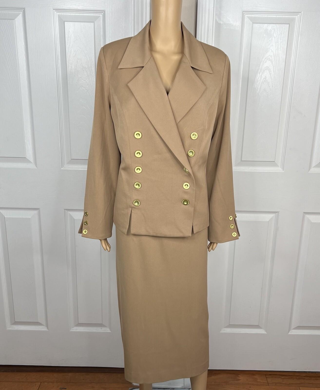 MONROE And MAIN Polyester Spandex Blend Skirt Suit 14 Tan Double Breasted 2PC