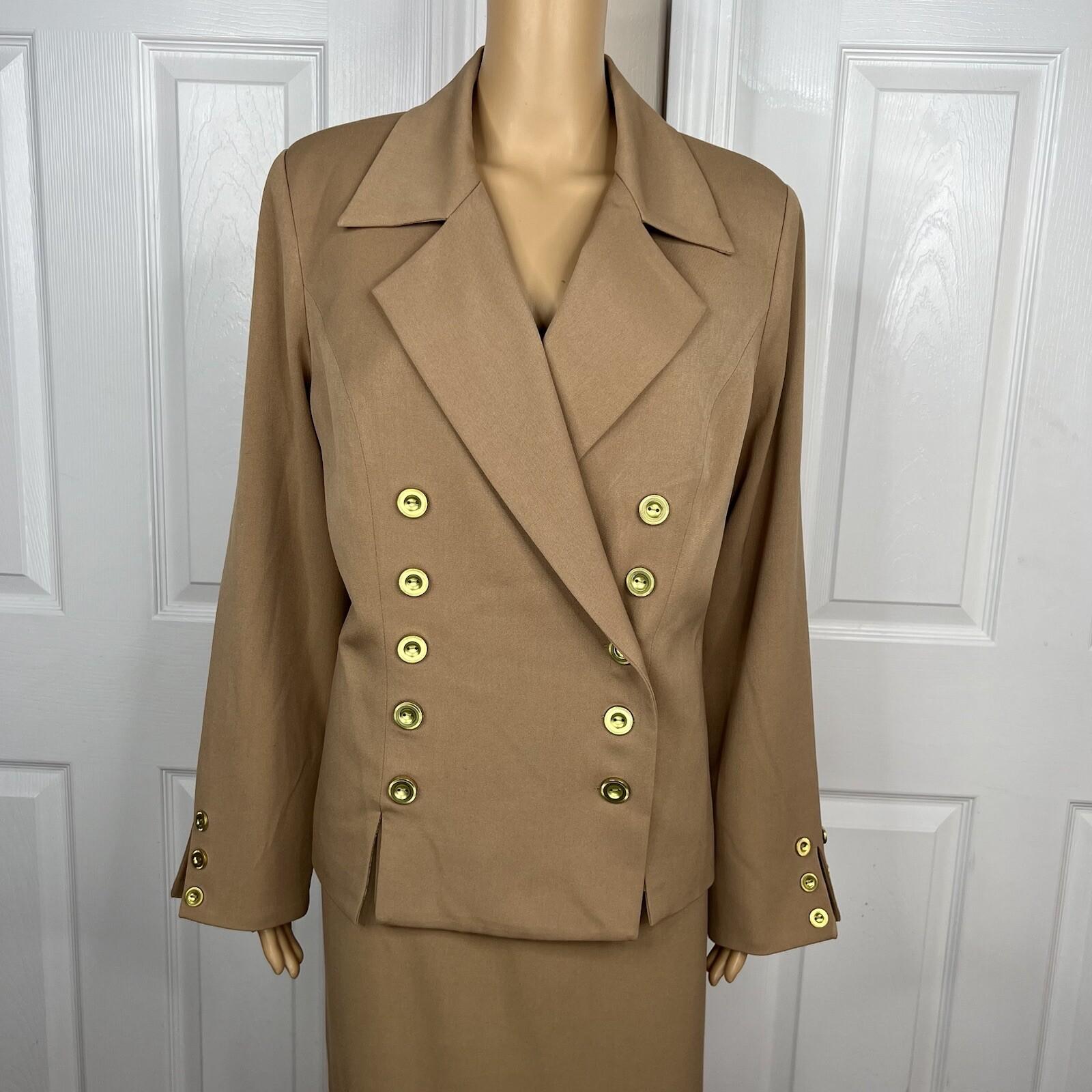 MONROE And MAIN Polyester Spandex Blend Skirt Suit 14 Tan Double Breasted 2PC
