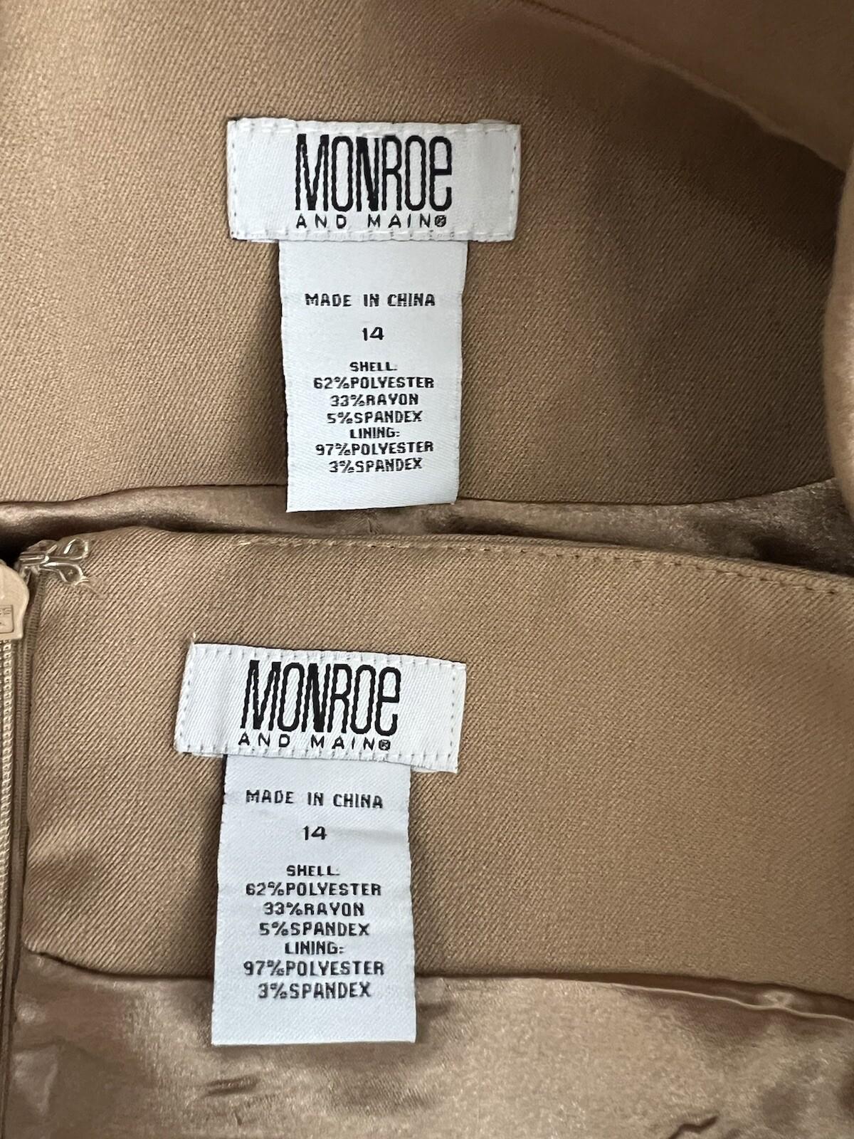 MONROE And MAIN Polyester Spandex Blend Skirt Suit 14 Tan Double Breasted 2PC