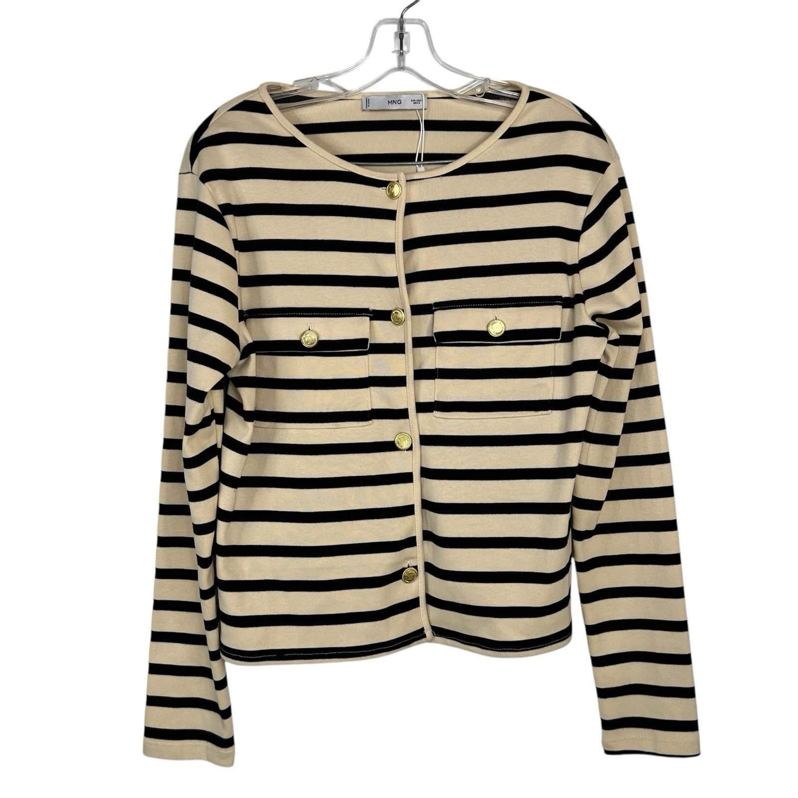 Mango Cotton Cardigan L Cream Black Striped Pockets Round Neck Office Look New