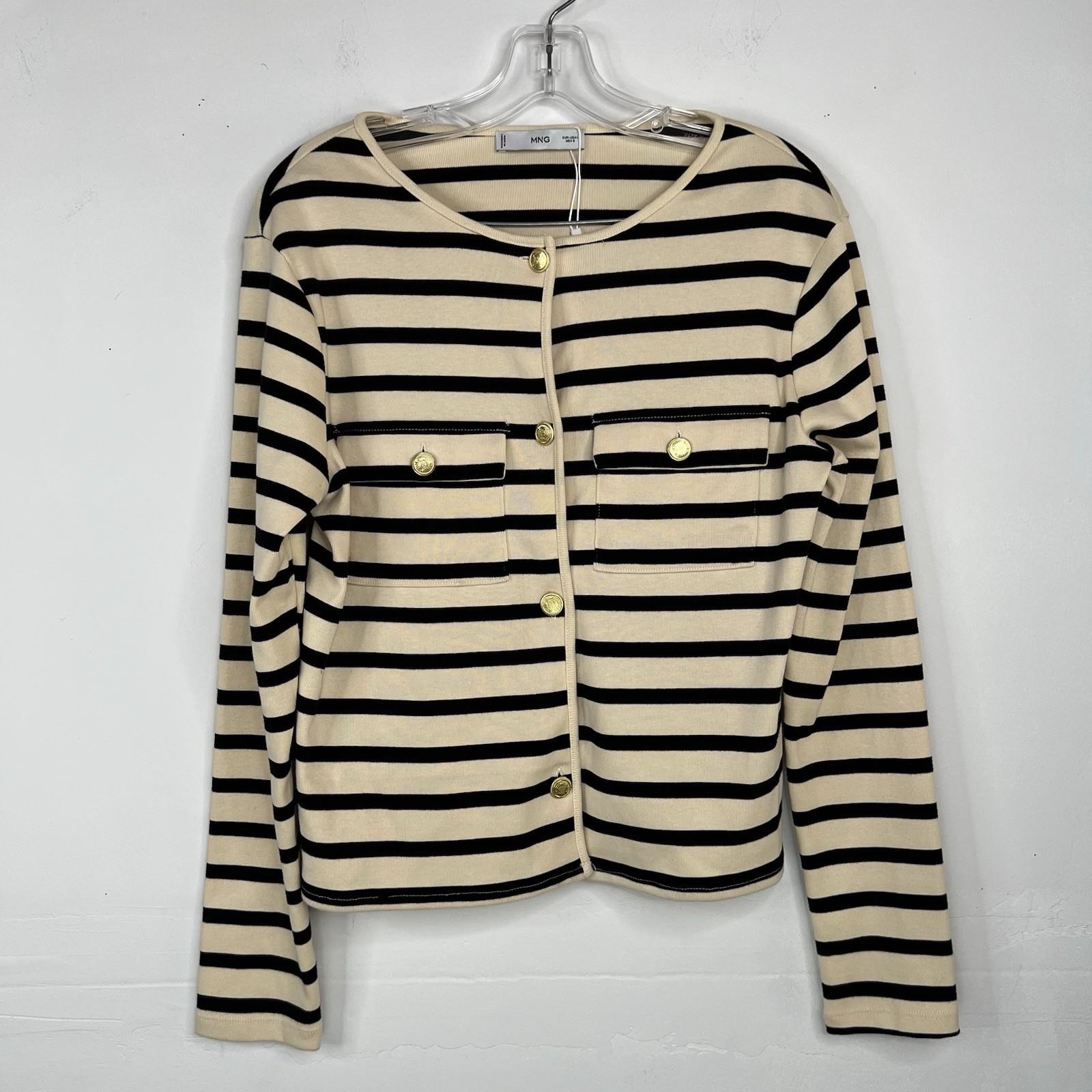 Mango Cotton Cardigan L Cream Black Striped Pockets Round Neck Office Look New