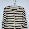 Mango Cotton Cardigan L Cream Black Striped Pockets Round Neck Office Look New