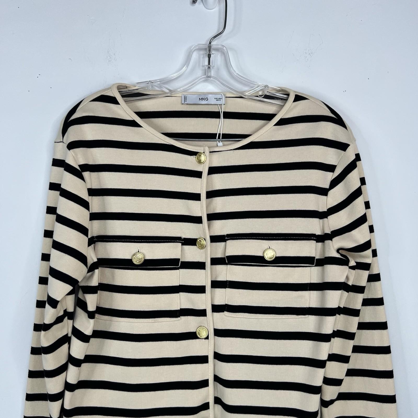 Mango Cotton Cardigan L Cream Black Striped Pockets Round Neck Office Look New