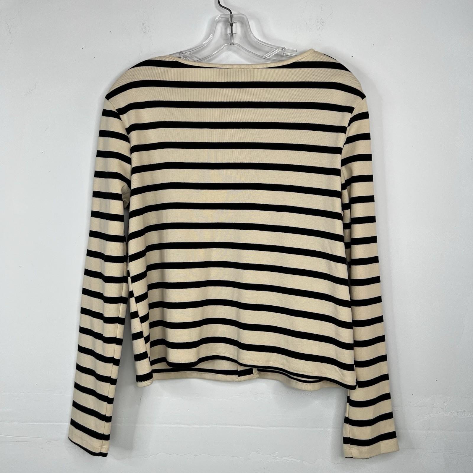 Mango Cotton Cardigan L Cream Black Striped Pockets Round Neck Office Look New