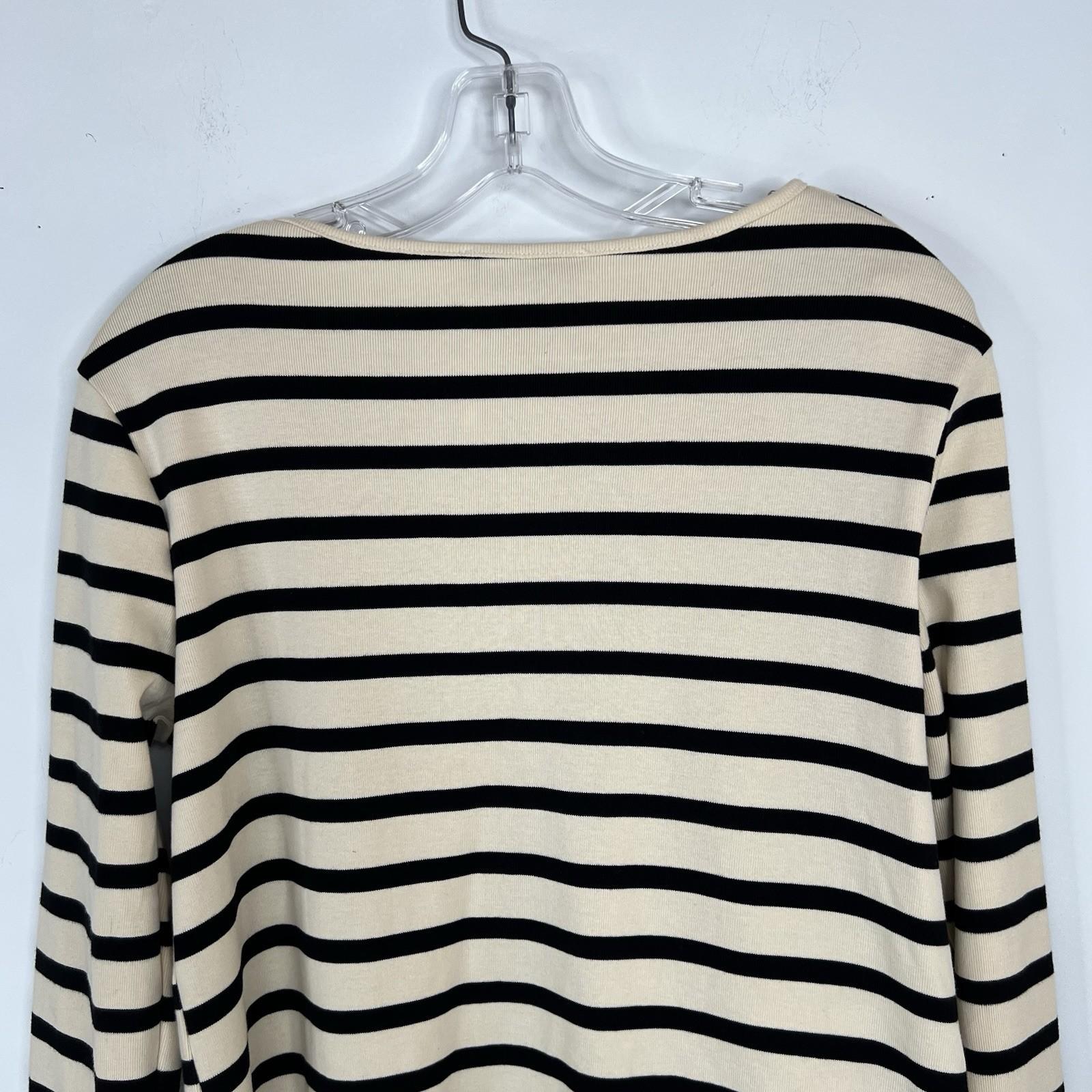 Mango Cotton Cardigan L Cream Black Striped Pockets Round Neck Office Look New