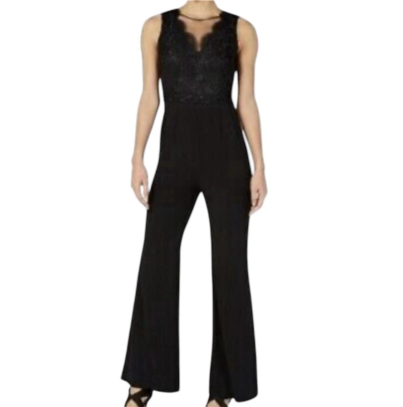 Adrianna Papell Bodice Jumpsuit Size 14 Black Sleeveless Sequin Lace Mesh Crepe