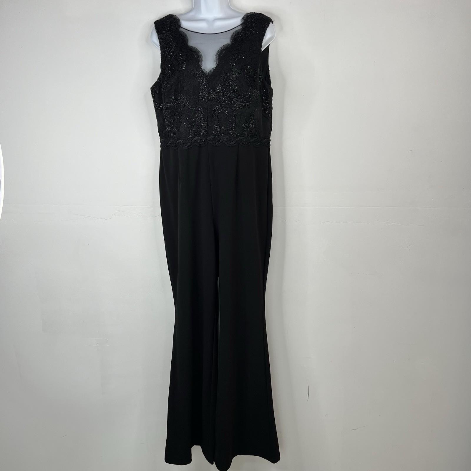 Adrianna Papell Bodice Jumpsuit Size 14 Black Sleeveless Sequin Lace Mesh Crepe