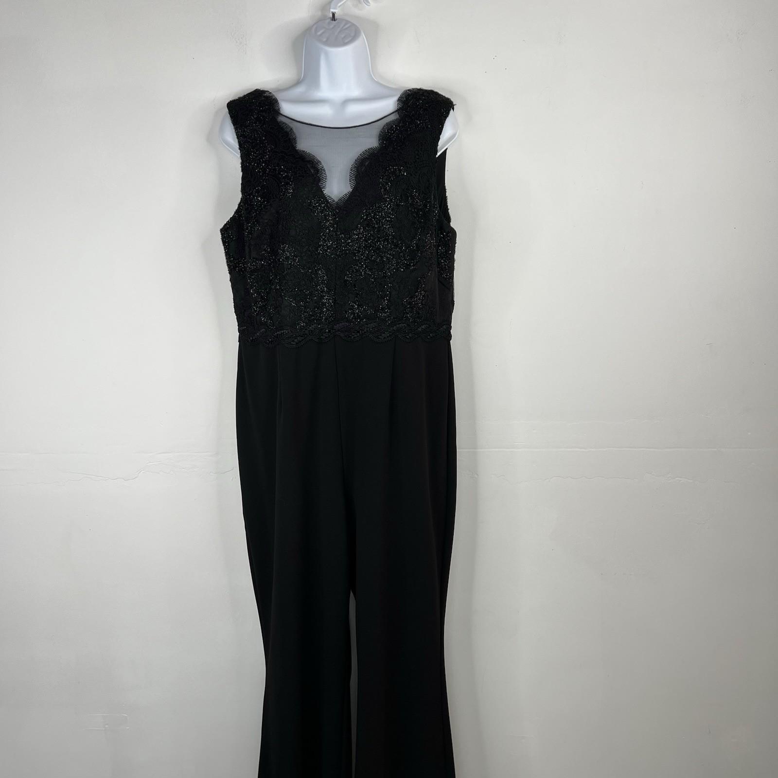 Adrianna Papell Bodice Jumpsuit Size 14 Black Sleeveless Sequin Lace Mesh Crepe
