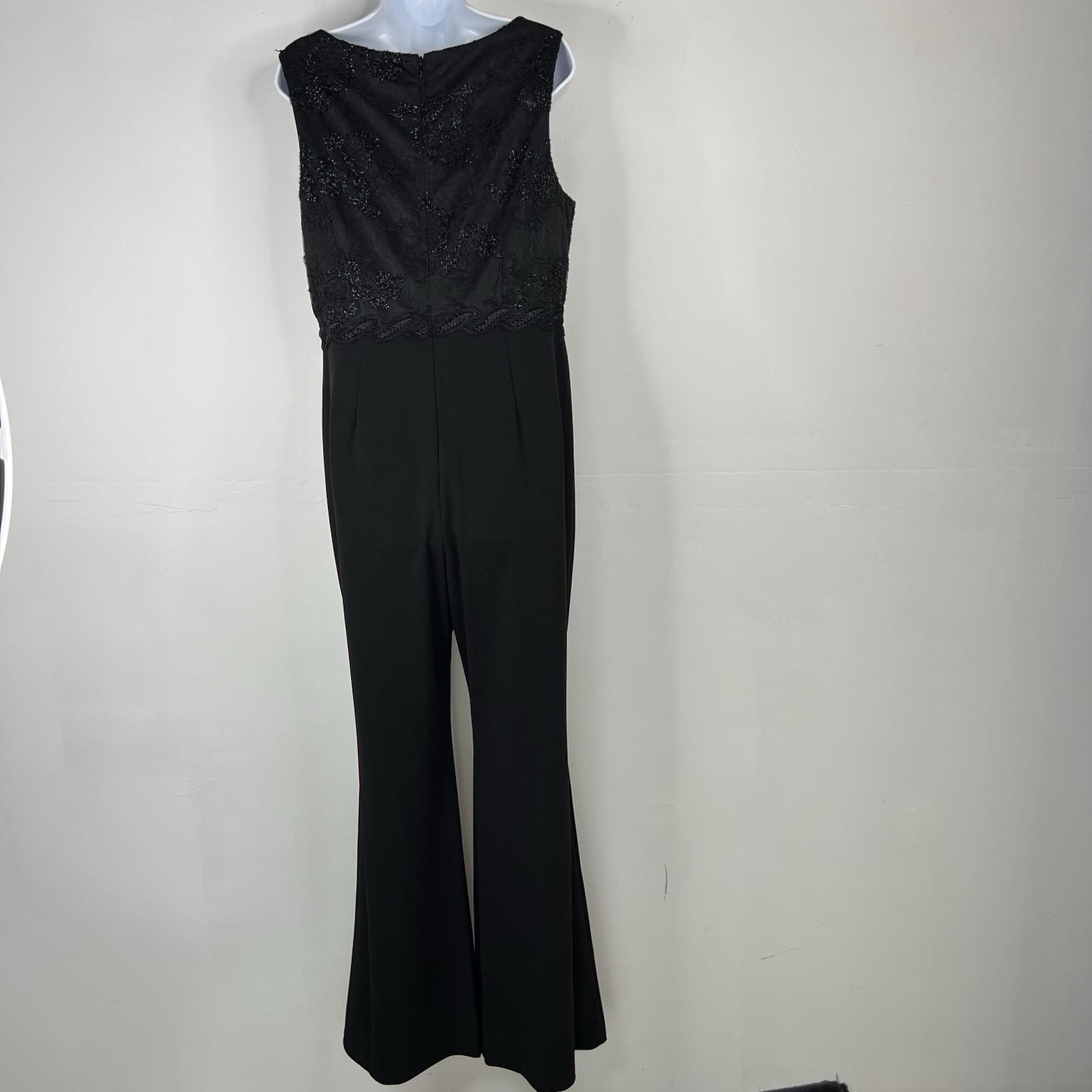 Adrianna Papell Bodice Jumpsuit Size 14 Black Sleeveless Sequin Lace Mesh Crepe