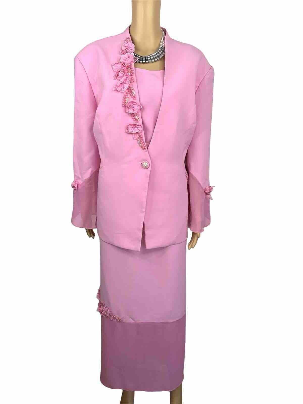 Nina Rossi Polyester Skirt Suit Top Size 22 Pink Ruffle Beaded Lined Women 3PC