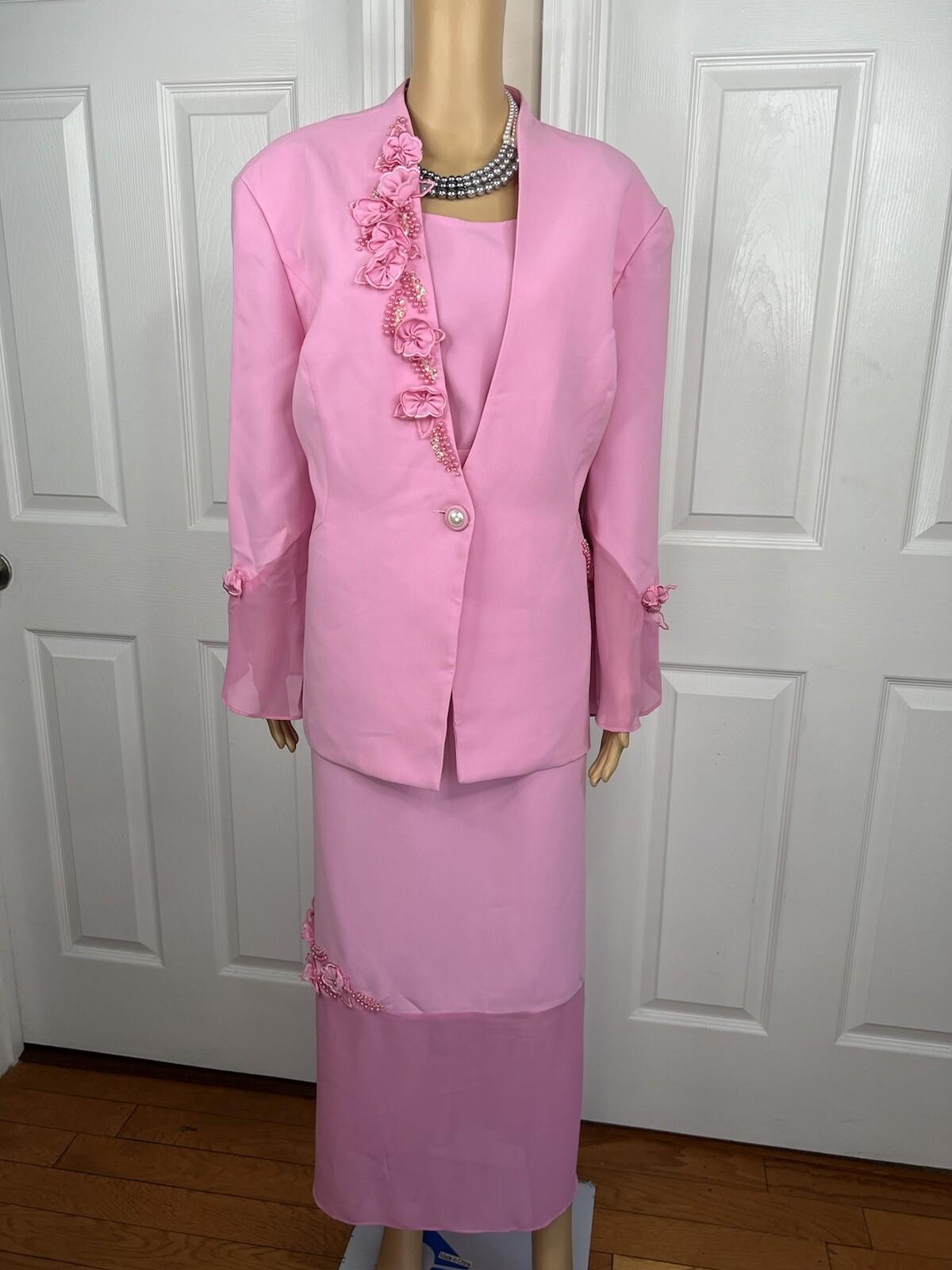 Nina Rossi Polyester Skirt Suit Top Size 22 Pink Ruffle Beaded Lined Women 3PC