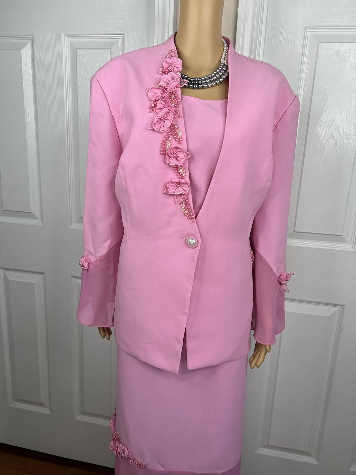 Nina Rossi Polyester Skirt Suit Top Size 22 Pink Ruffle Beaded Lined Women 3PC
