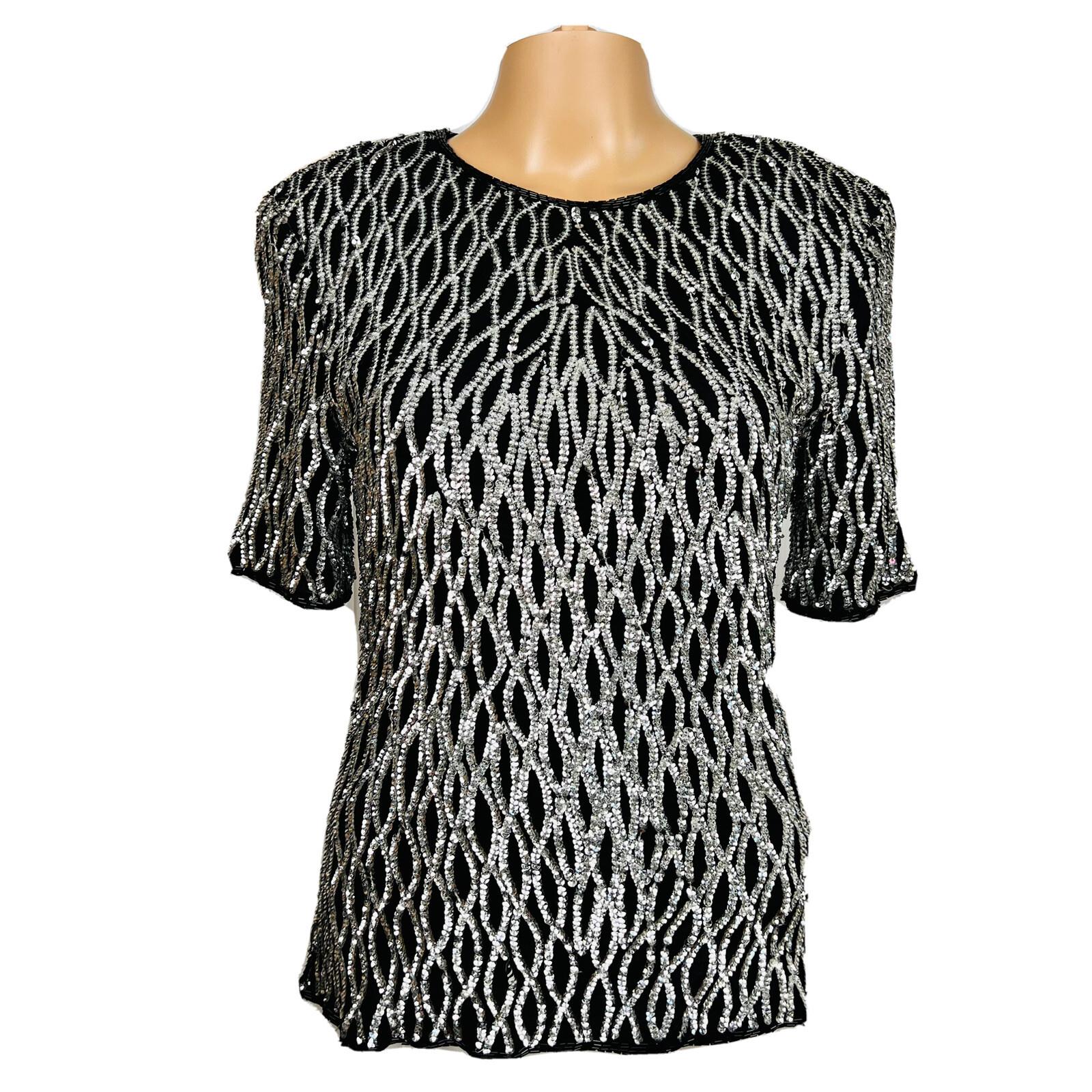 Stenay Women Silk Top Size L Silver Black Sequin Lined Short Sleeves Party