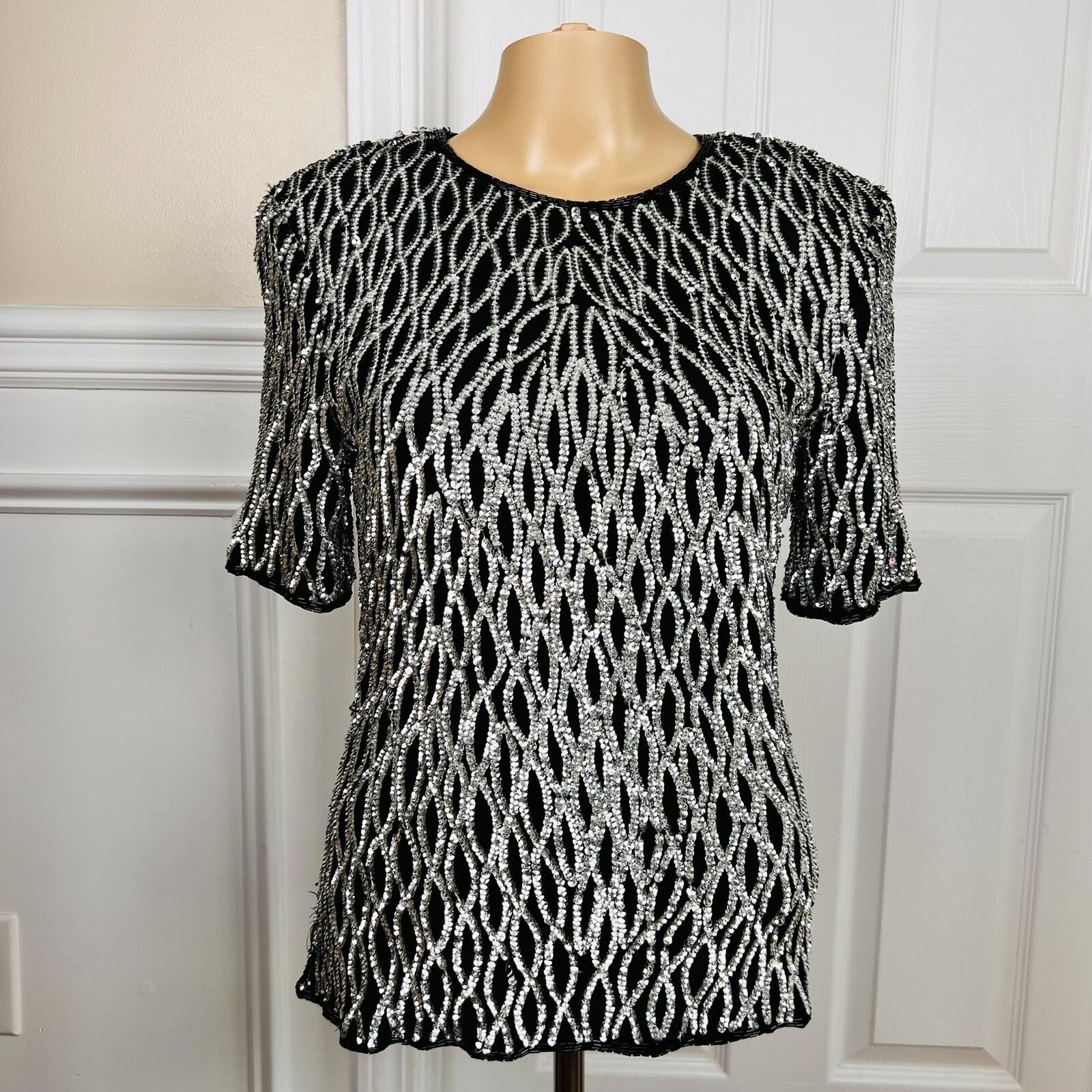 Stenay Women Silk Top Size L Silver Black Sequin Lined Short Sleeves Party