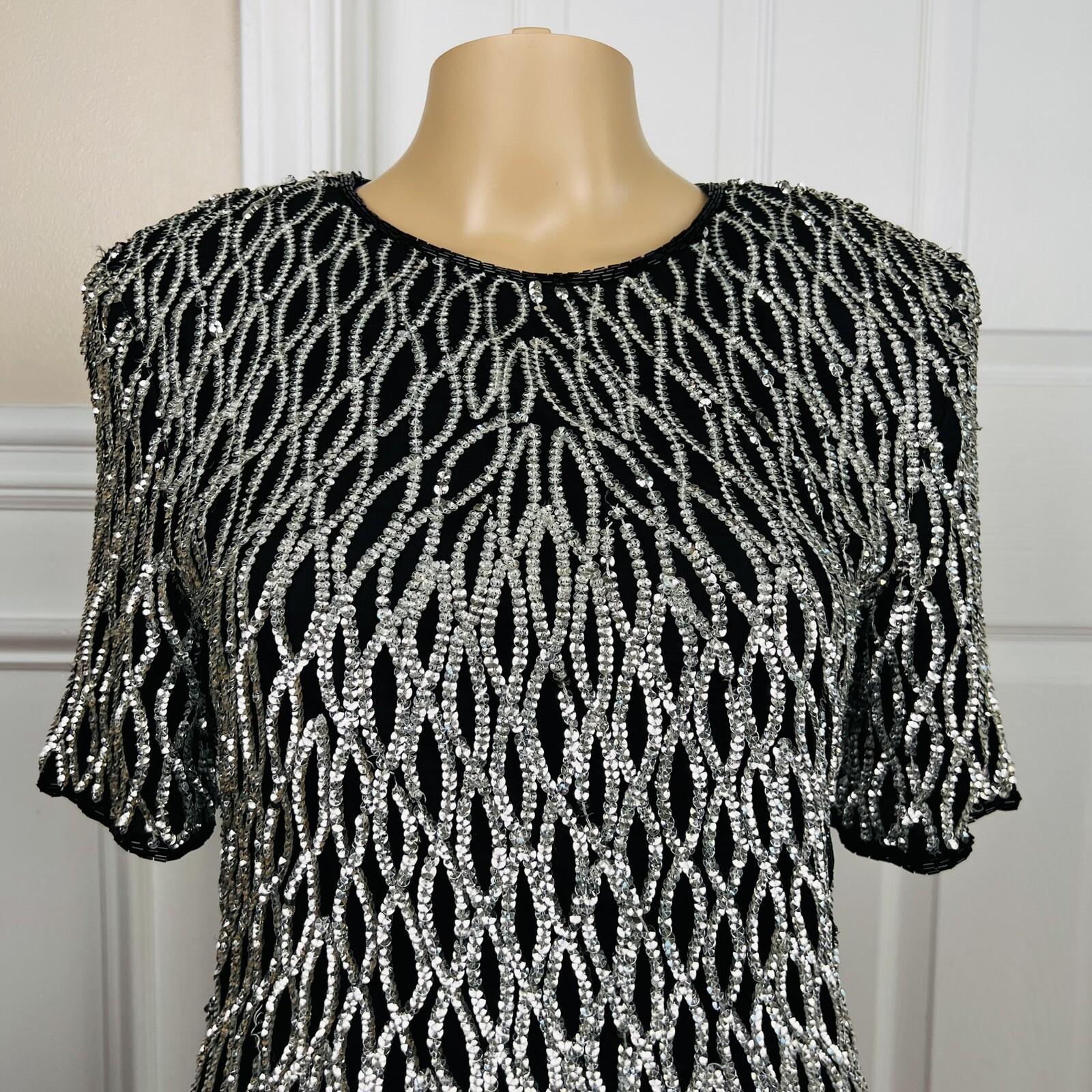 Stenay Women Silk Top Size L Silver Black Sequin Lined Short Sleeves Party