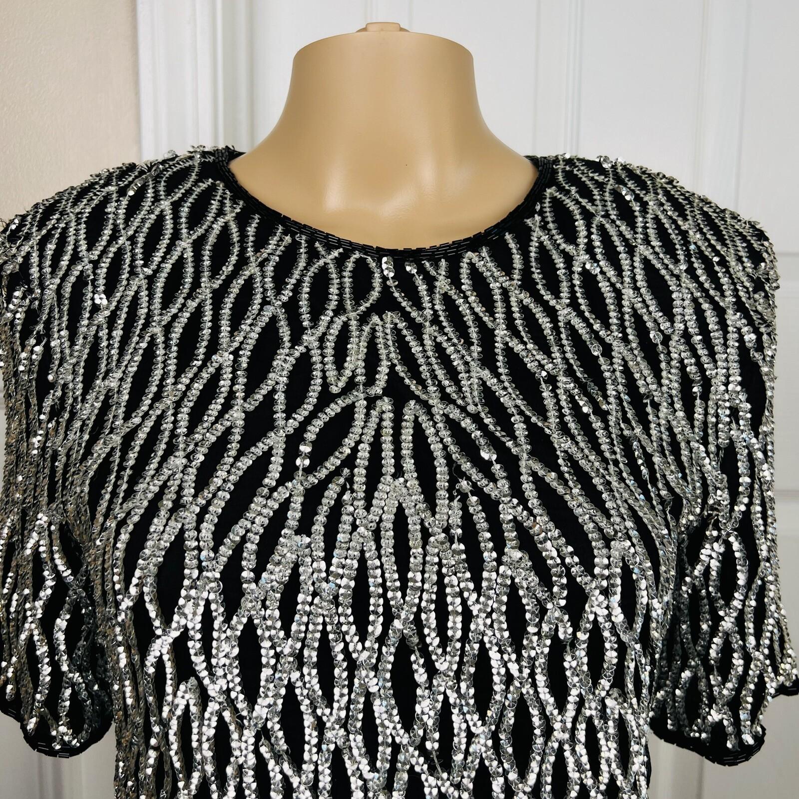Stenay Women Silk Top Size L Silver Black Sequin Lined Short Sleeves Party