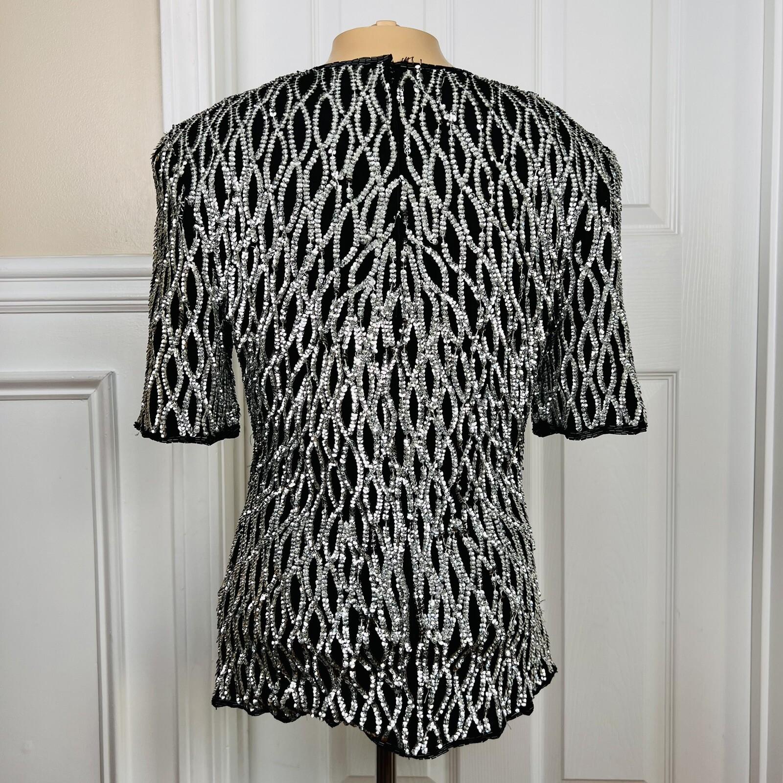 Stenay Women Silk Top Size L Silver Black Sequin Lined Short Sleeves Party