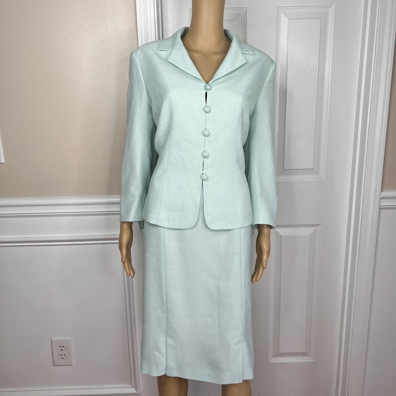 Kasper Women Polyester Acetate Aquamarine Skirt Suit Size 10 Lined 3/4 Sleeves