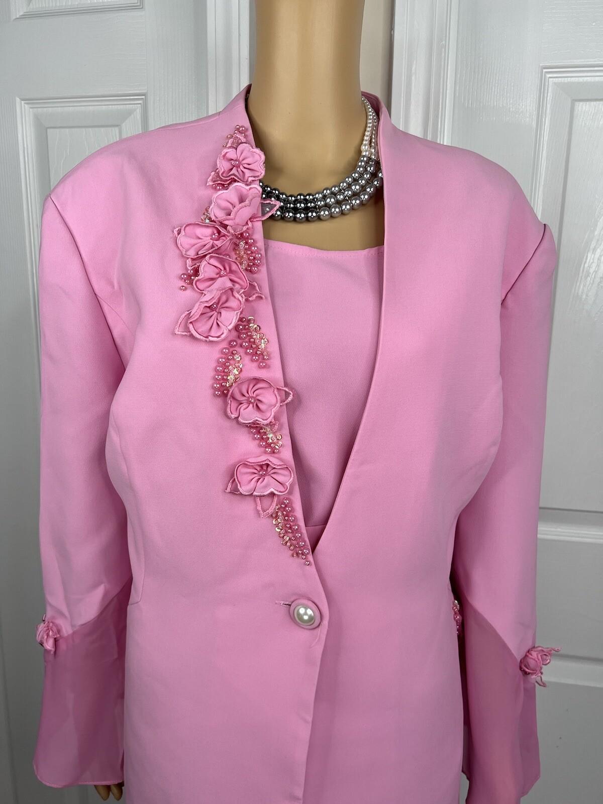 Nina Rossi Polyester Skirt Suit Top Size 22 Pink Ruffle Beaded Lined Women 3PC
