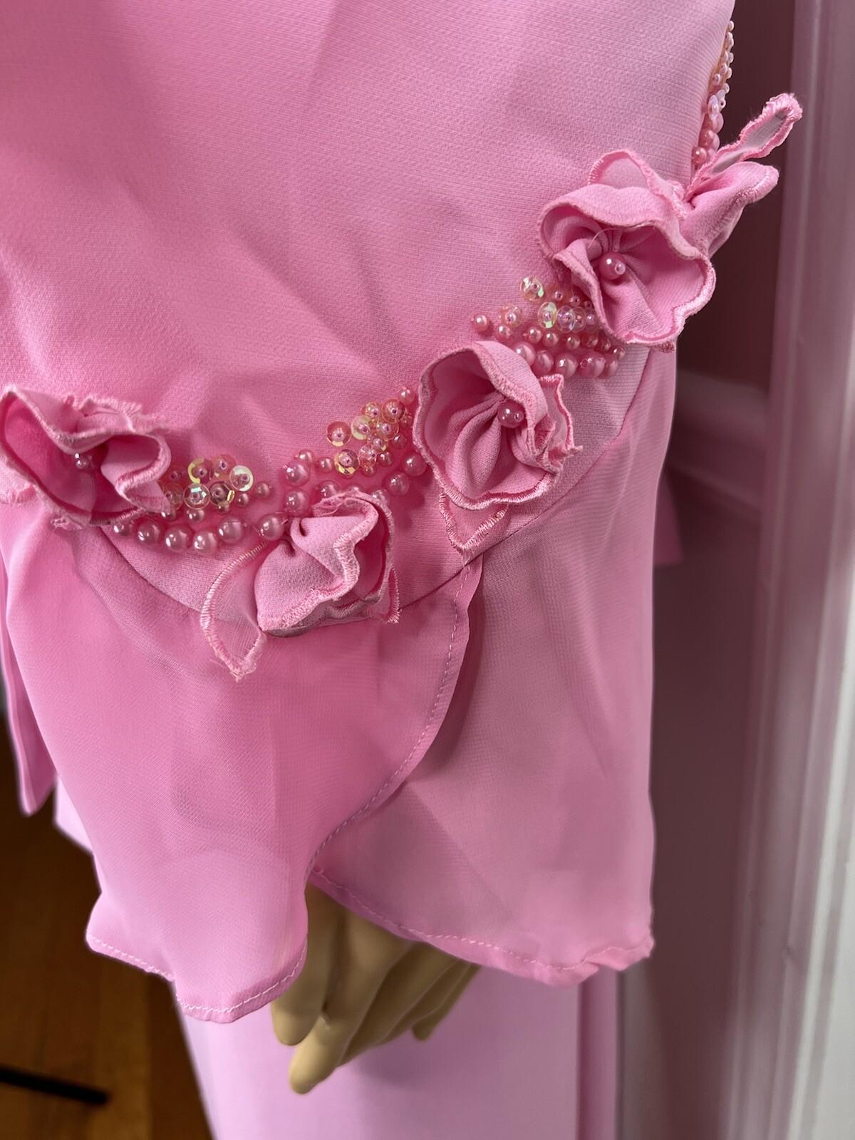 Nina Rossi Polyester Skirt Suit Top Size 22 Pink Ruffle Beaded Lined Women 3PC